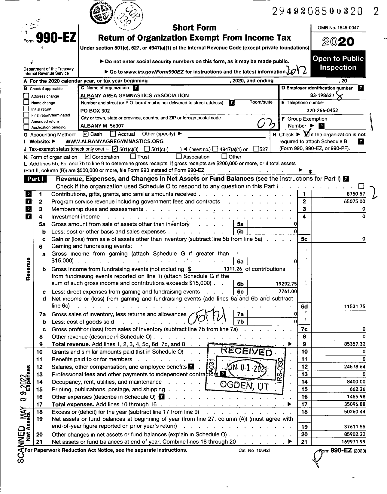 Image of first page of 2020 Form 990EZ for Albany Area Gymnastics Association