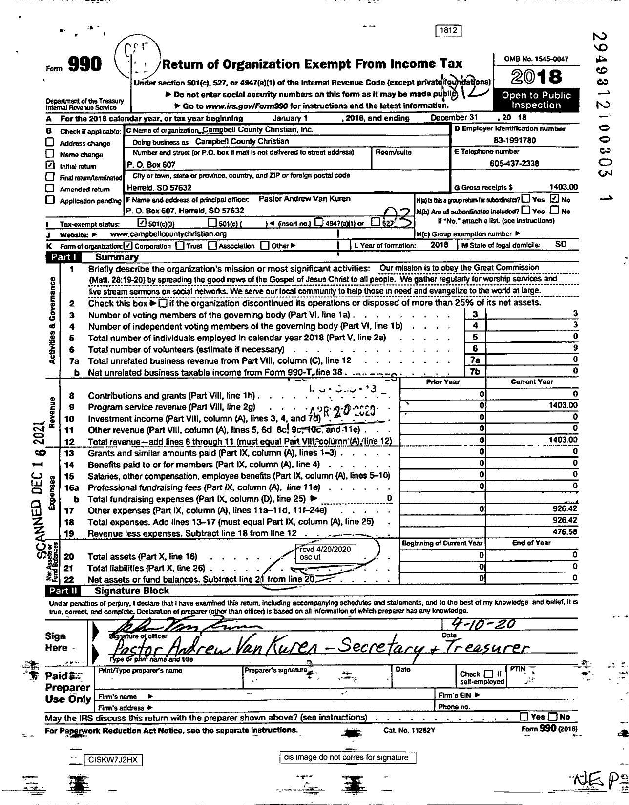 Image of first page of 2018 Form 990 for Campbell County Christian