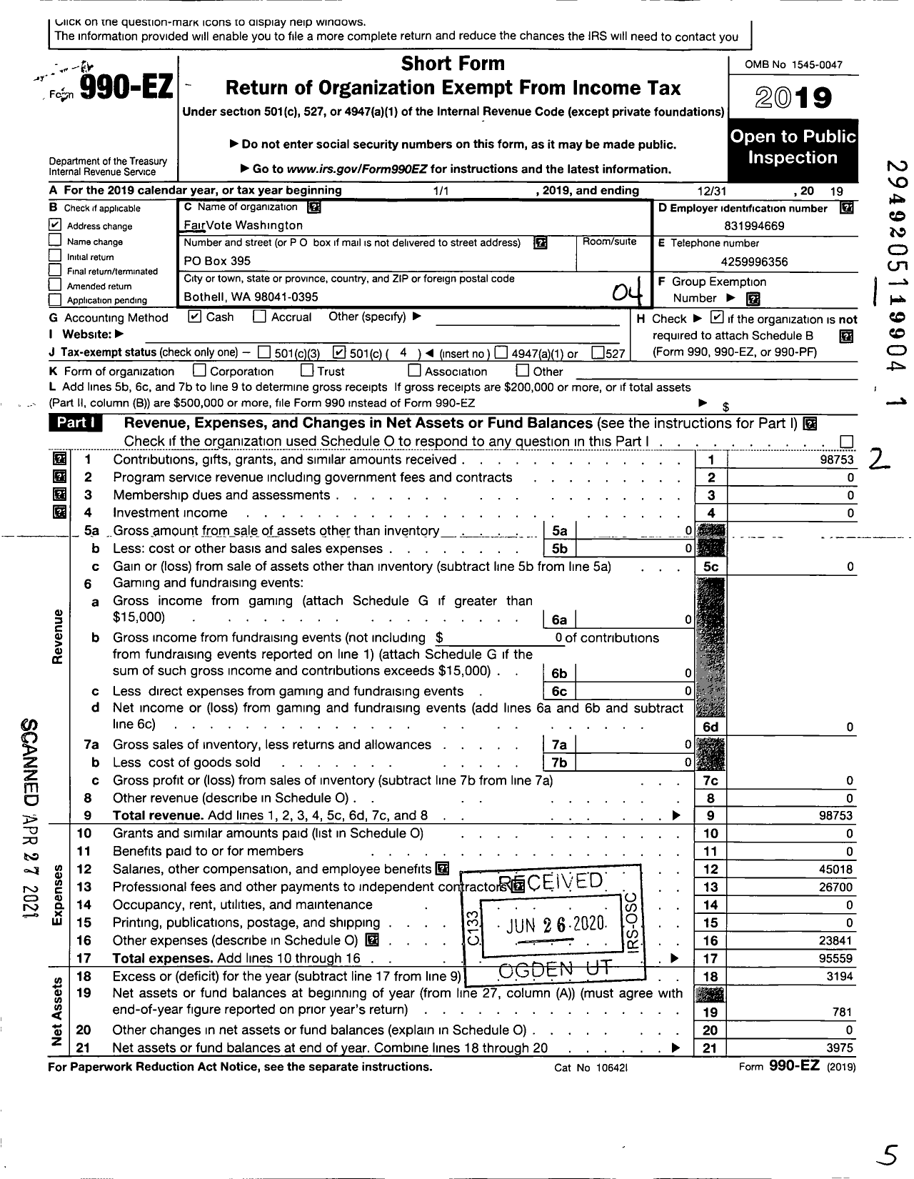 Image of first page of 2019 Form 990EO for FairVote Washington