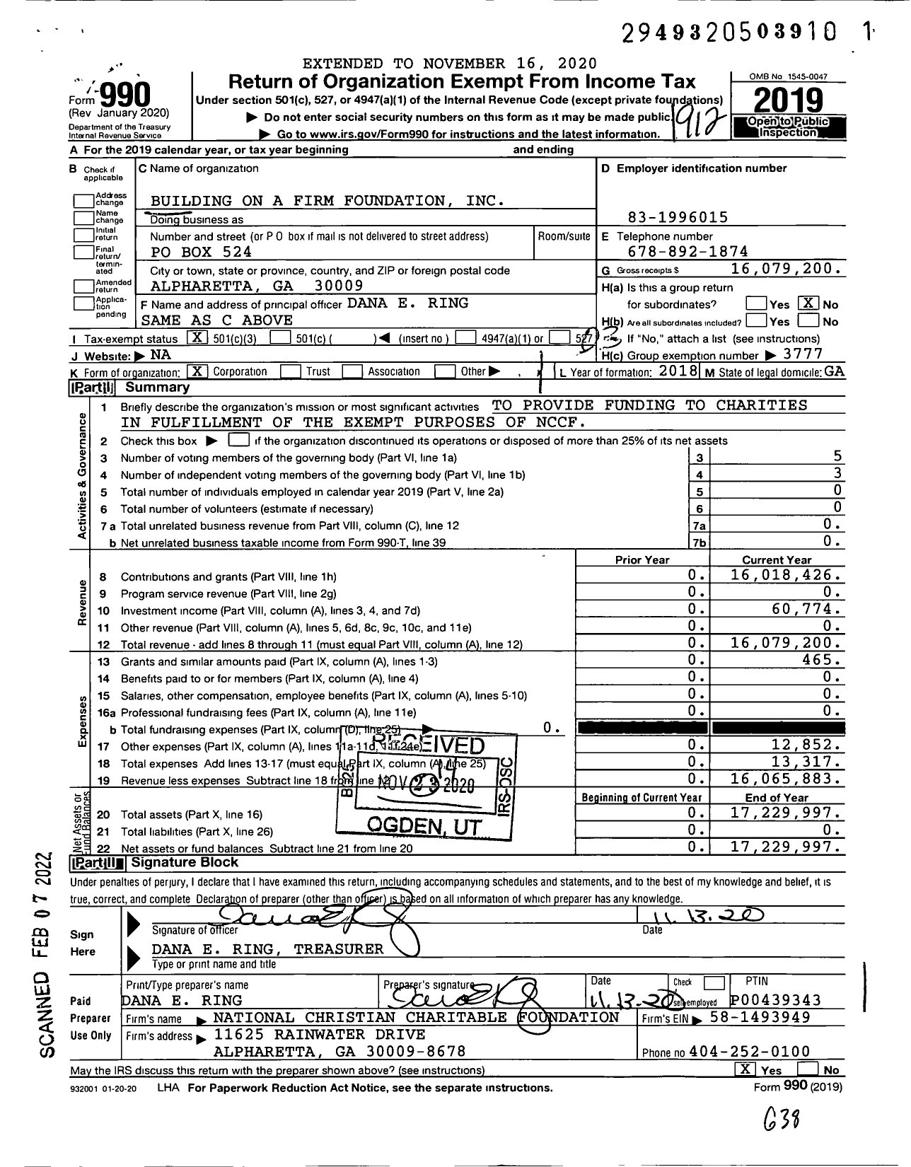 Image of first page of 2019 Form 990 for Building on A Firm Foundation