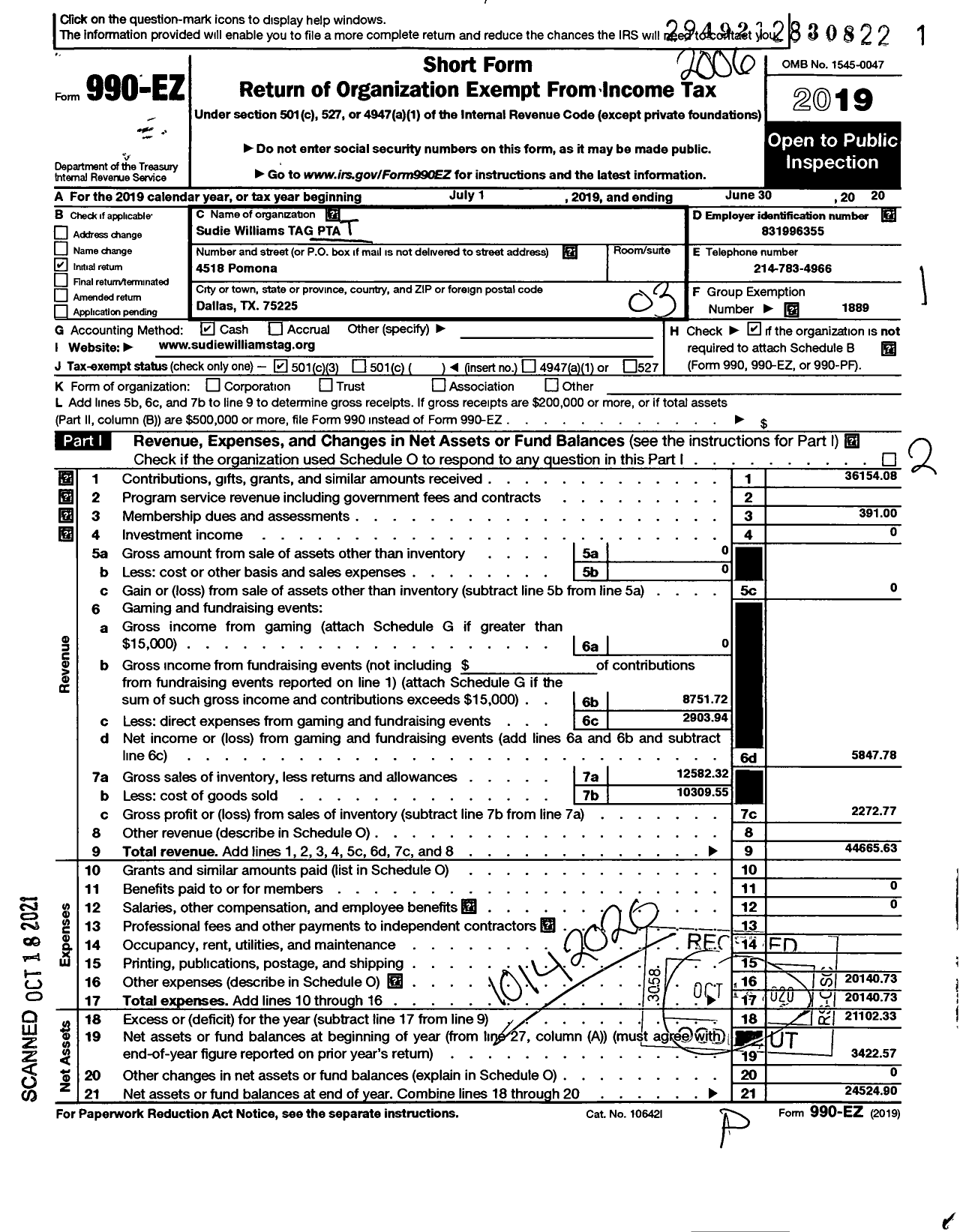 Image of first page of 2019 Form 990EZ for Texas PTA - Sudie Williams Tag PTA