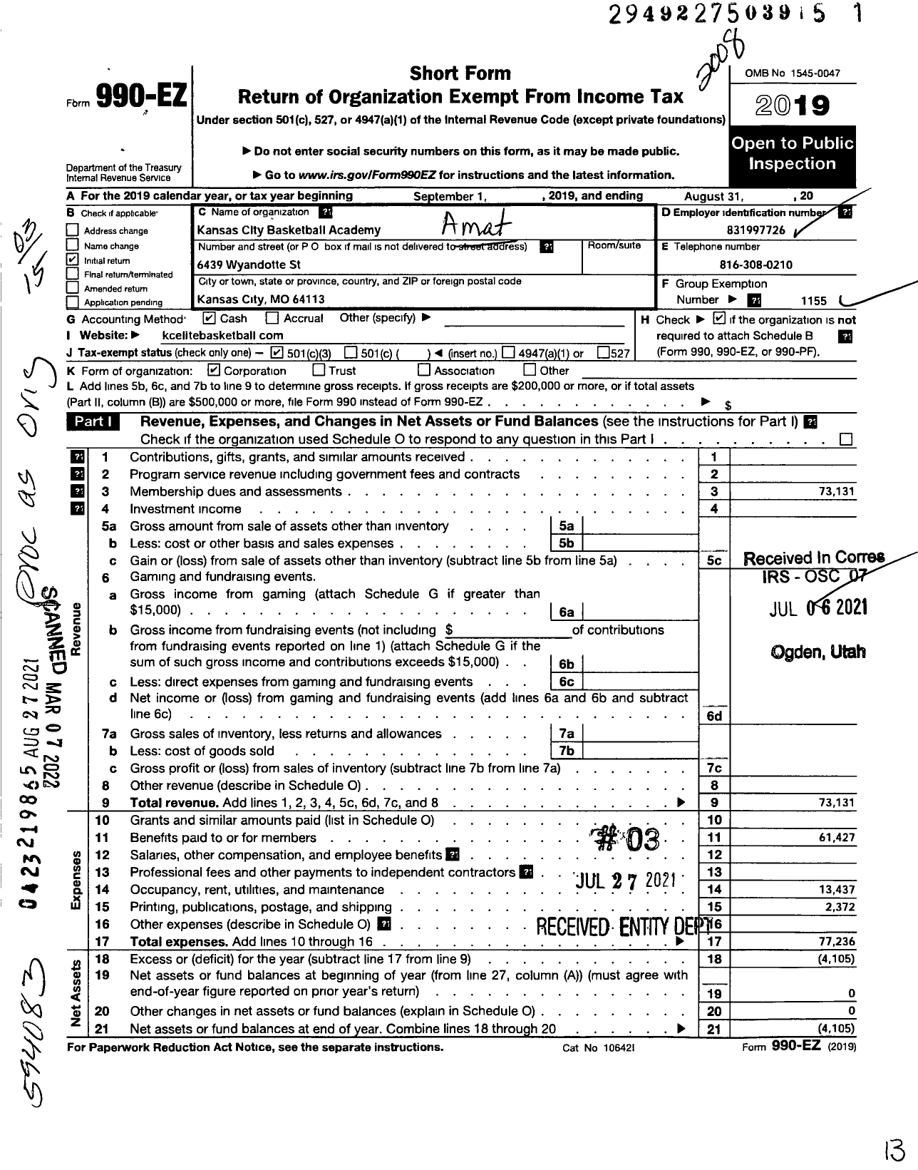 Image of first page of 2019 Form 990EZ for Amateur Athletic Union - Kansas City Basketball