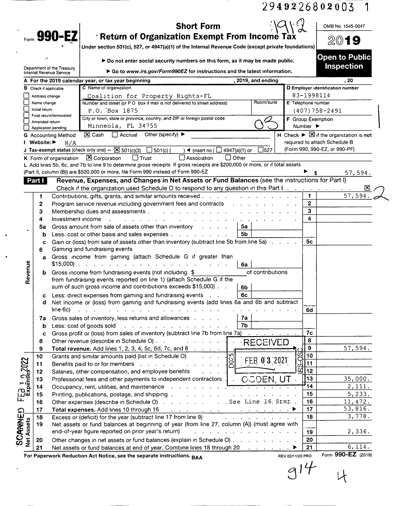 Image of first page of 2019 Form 990EZ for Coalition for Property Rights-Fl