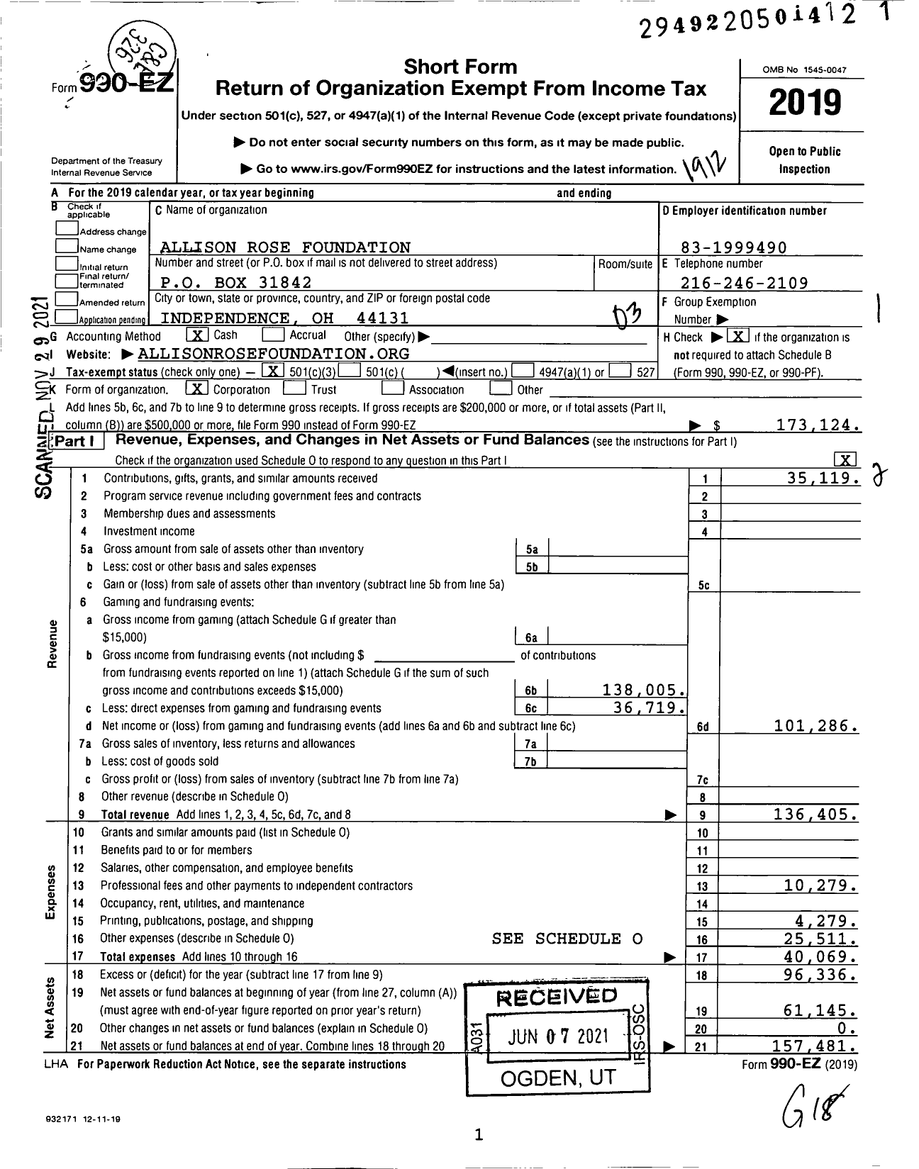 Image of first page of 2019 Form 990EZ for Allison Rose Foundation