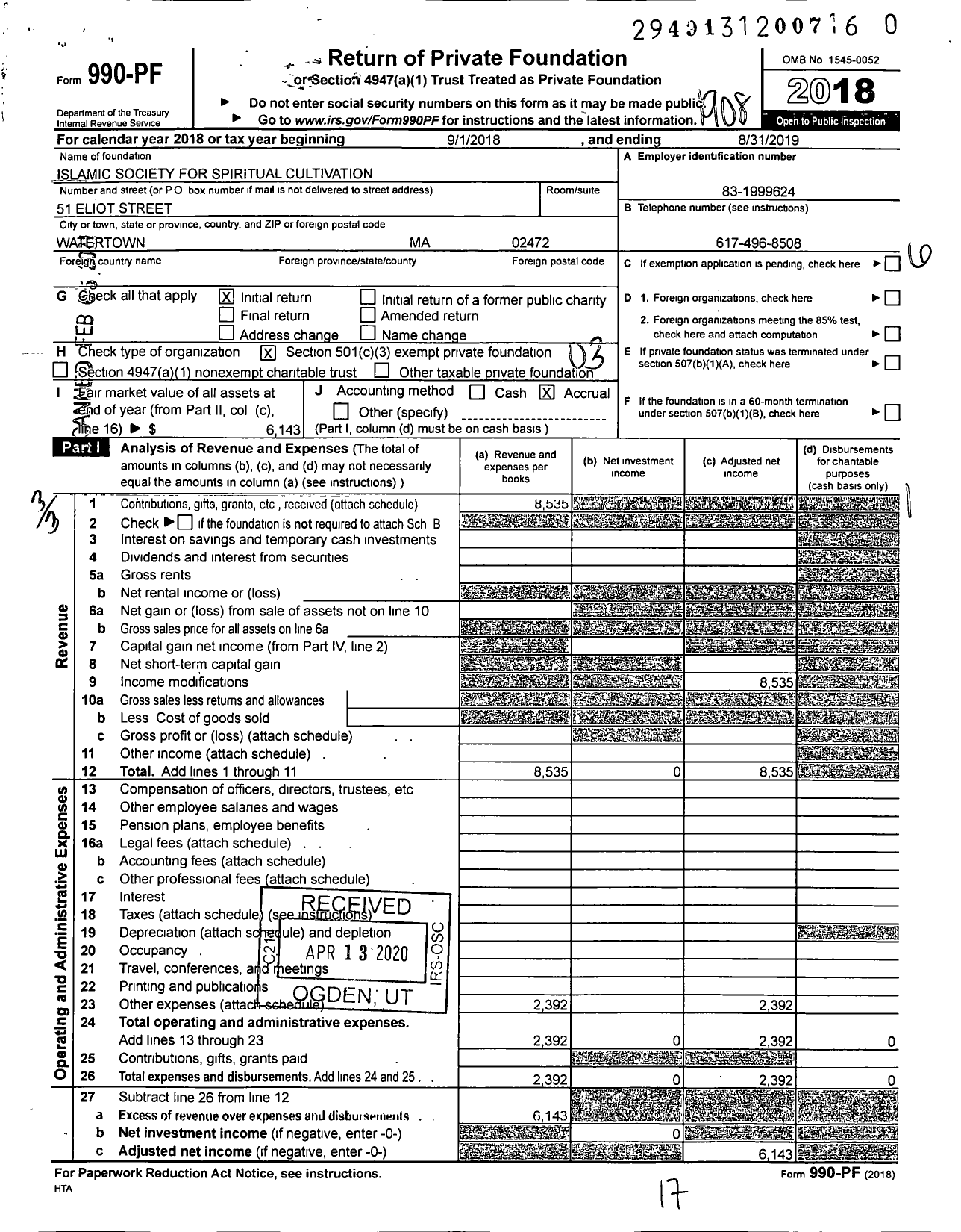 Image of first page of 2018 Form 990PF for Islamic Society for Spiritual Cultivation