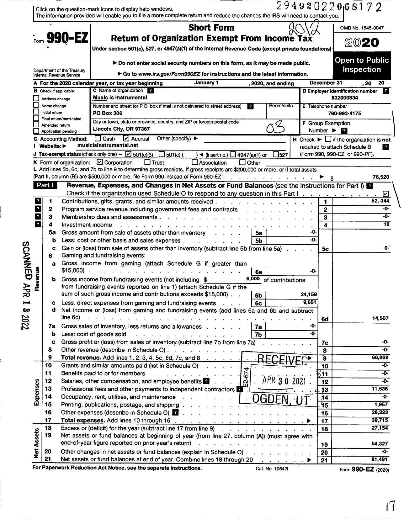 Image of first page of 2020 Form 990EZ for Music Is Instrumental