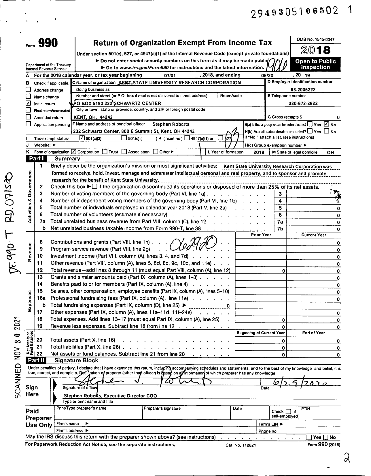 Image of first page of 2018 Form 990 for Kent State University Research Corporation