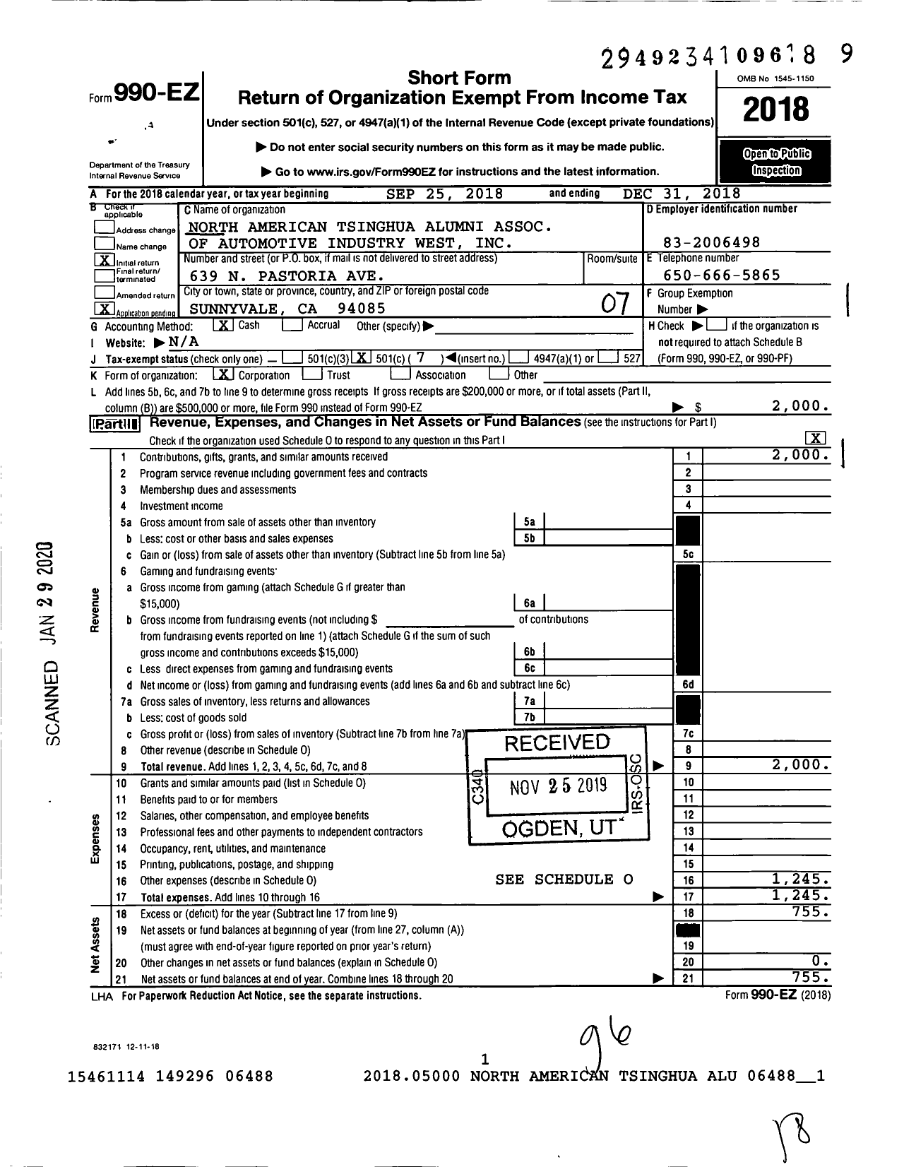 Image of first page of 2018 Form 990EO for North American Tsinghua Alumni Association of Automotive Industry