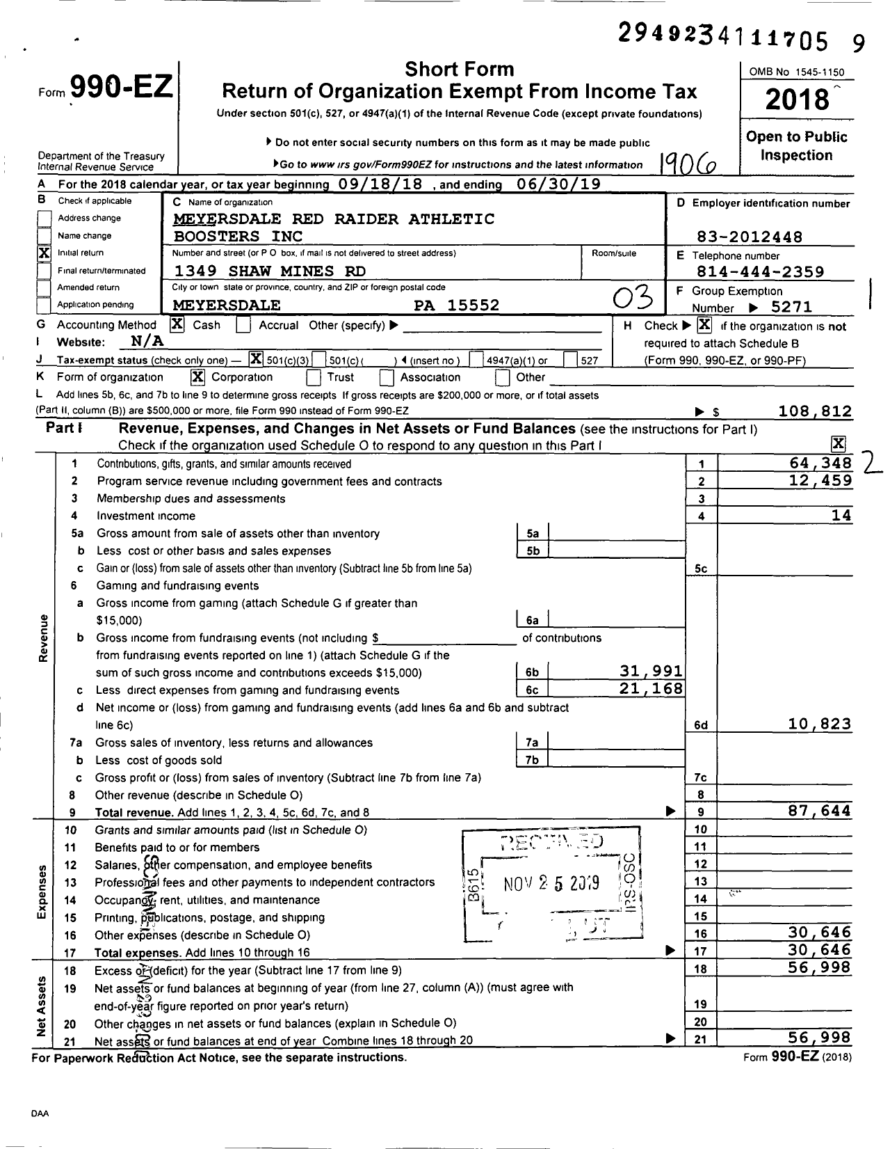 Image of first page of 2018 Form 990EZ for Meyersdale Red Raider Athletic Boosters