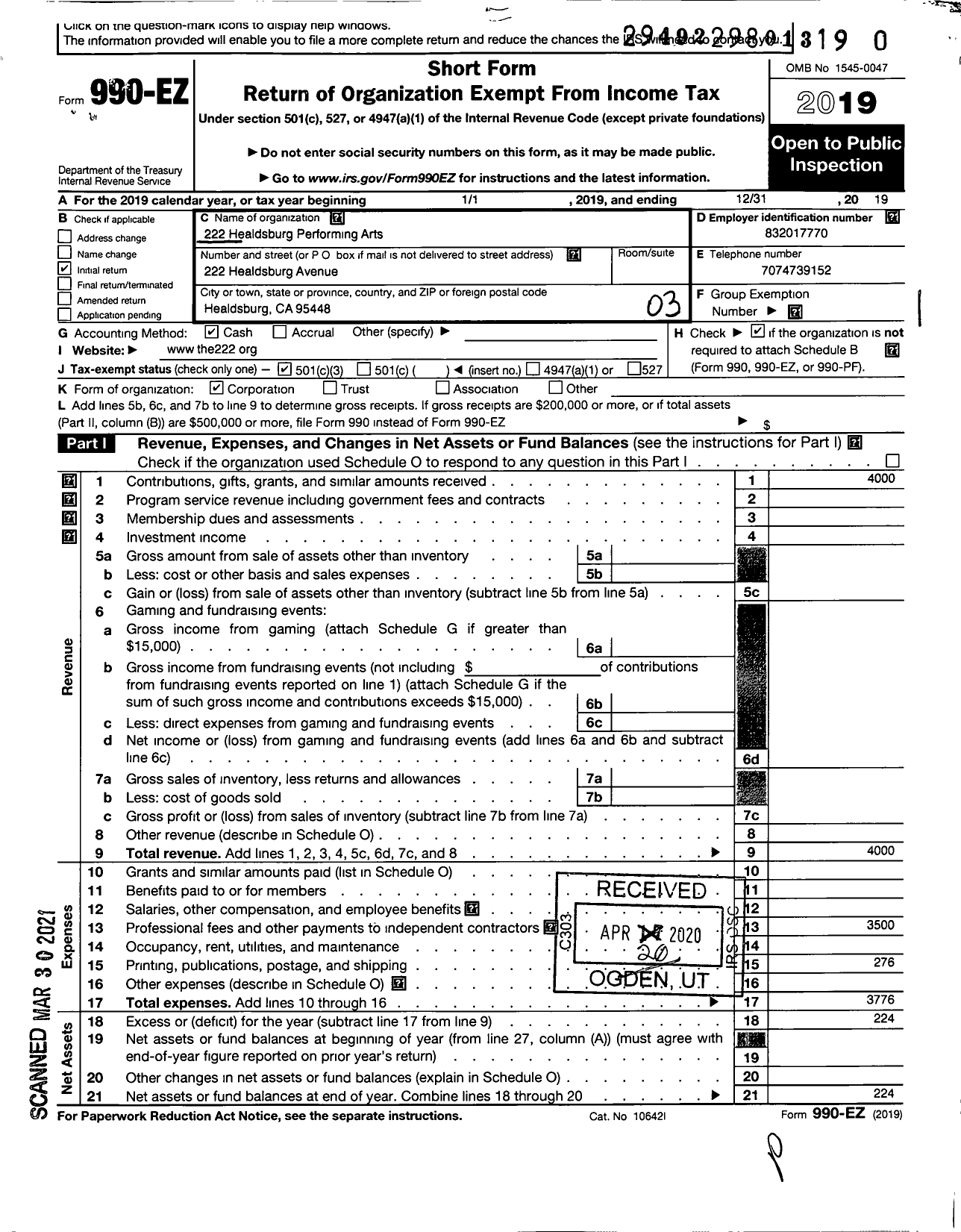 Image of first page of 2019 Form 990EZ for The 222