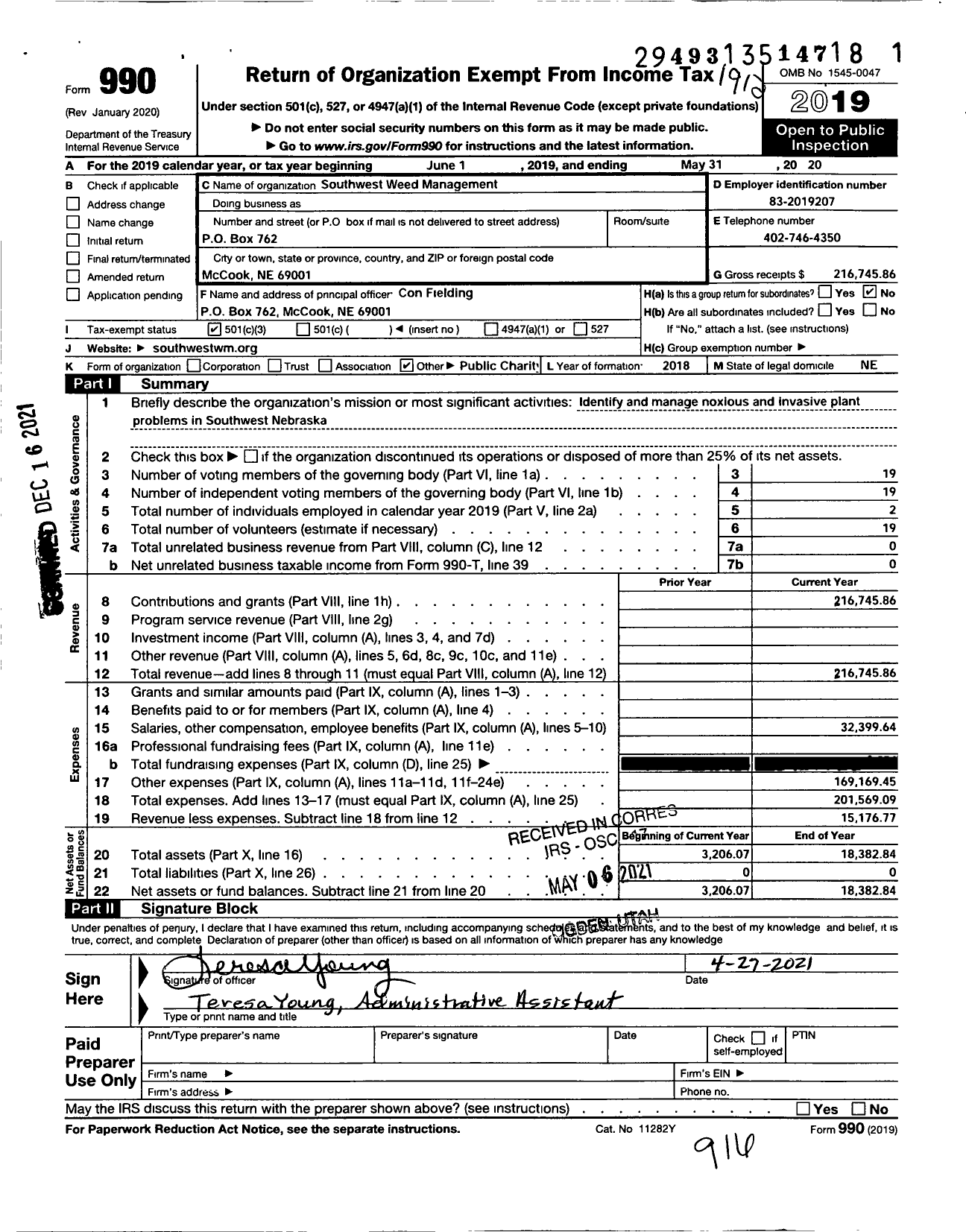 Image of first page of 2019 Form 990 for Southwest Weed Management