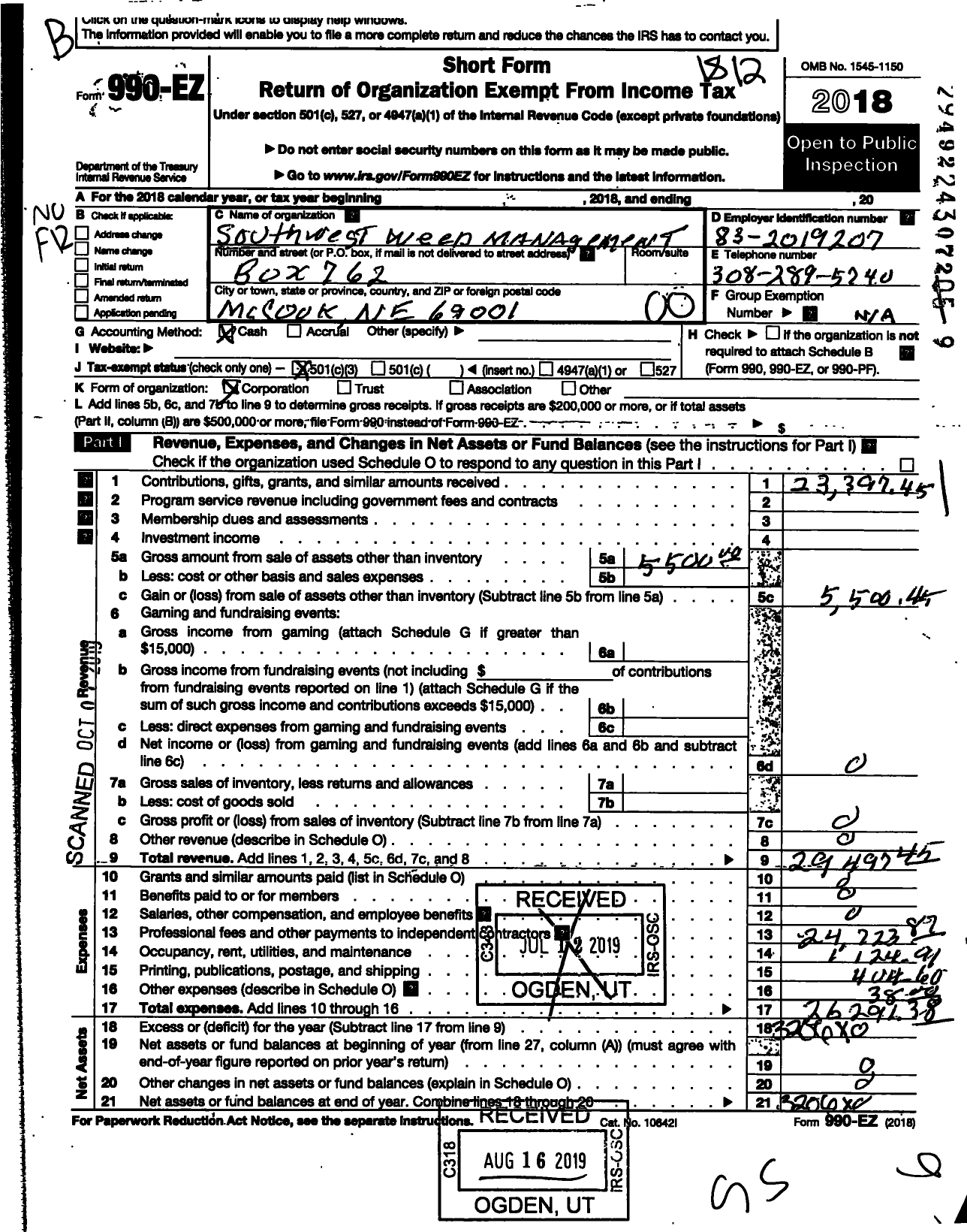 Image of first page of 2018 Form 990EO for Southwest Weed Management