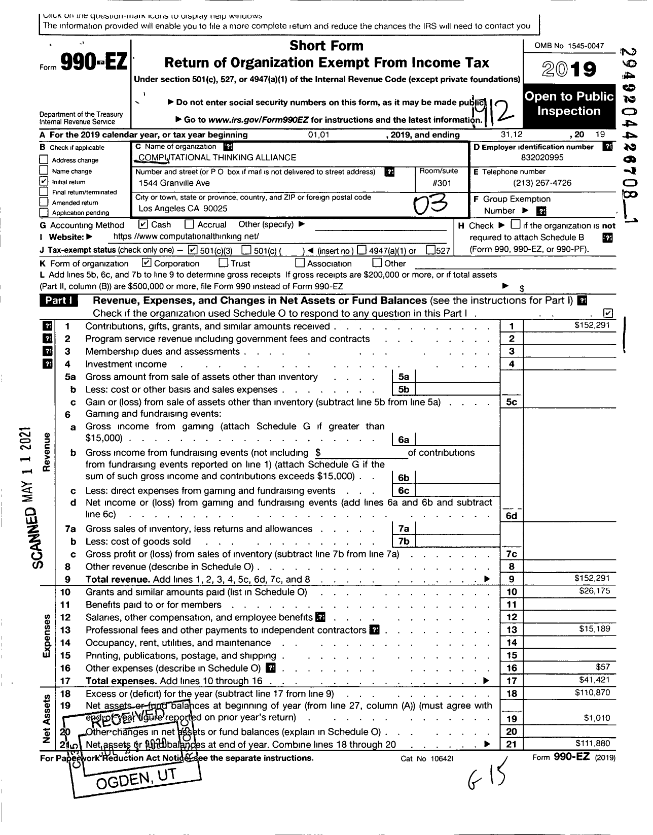 Image of first page of 2019 Form 990EZ for Computational Thinking Alliance