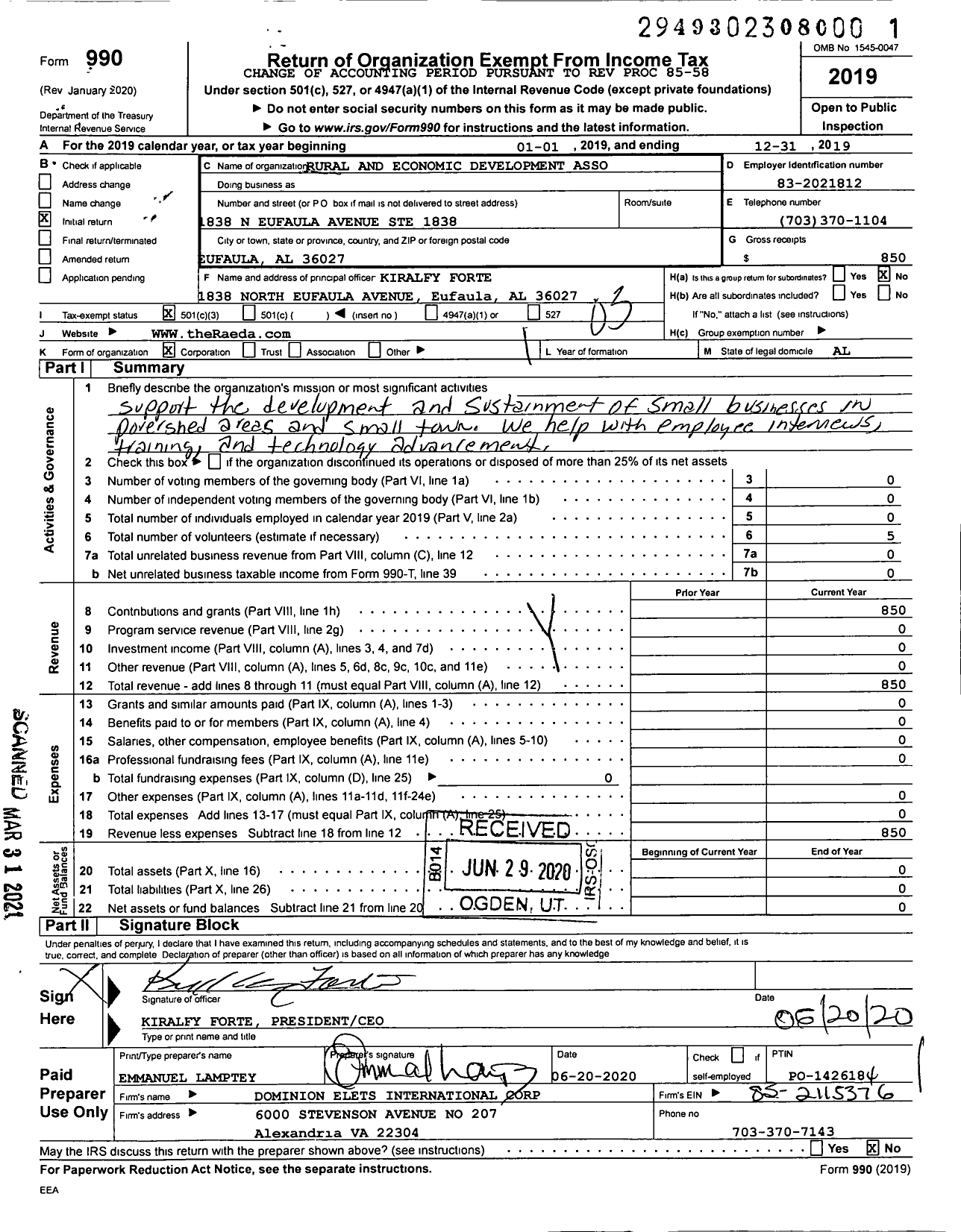 Image of first page of 2019 Form 990 for Rural and Economic Development Associates