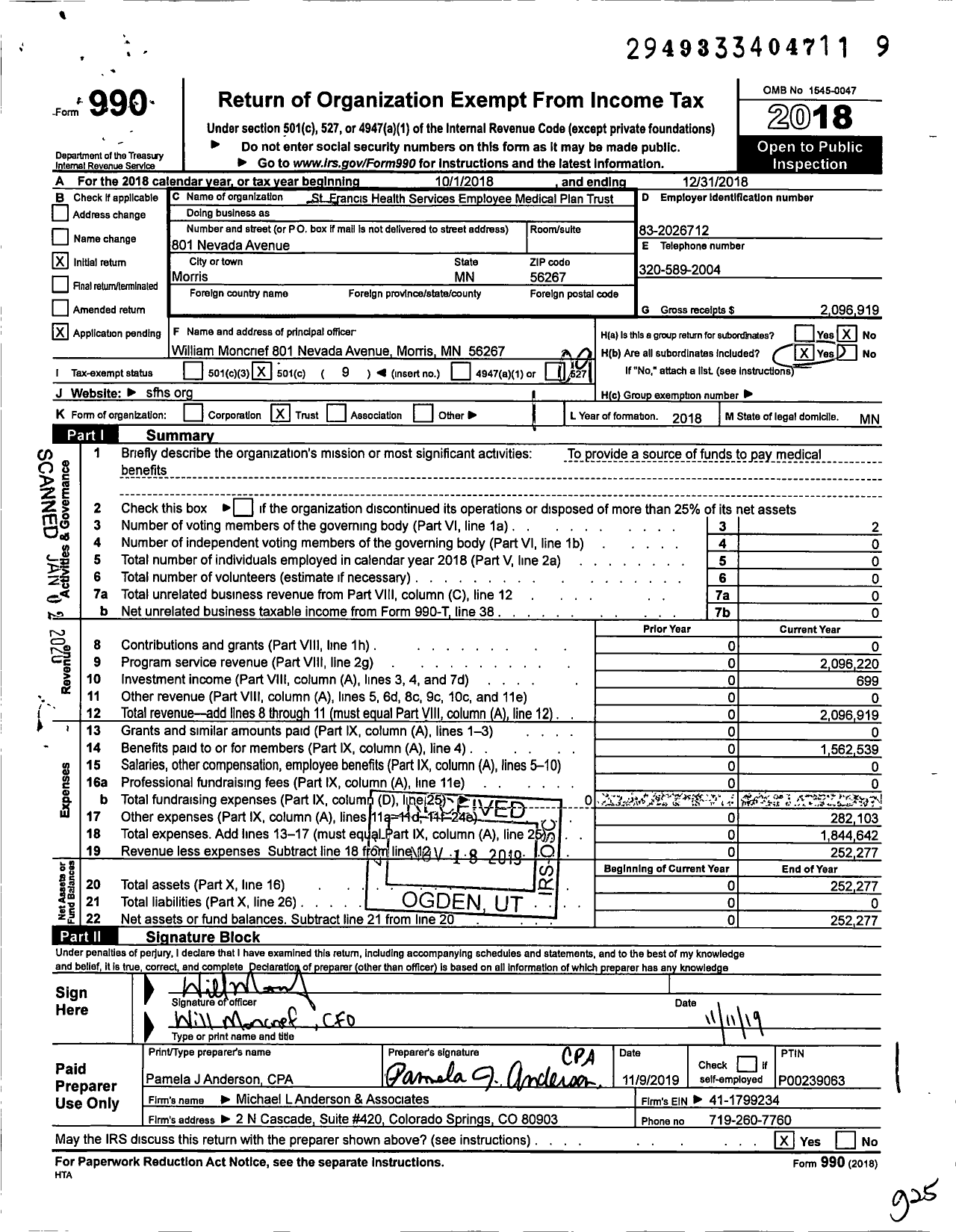 Image of first page of 2018 Form 990O for St Francis Health Services Employee Medical Plan Trust