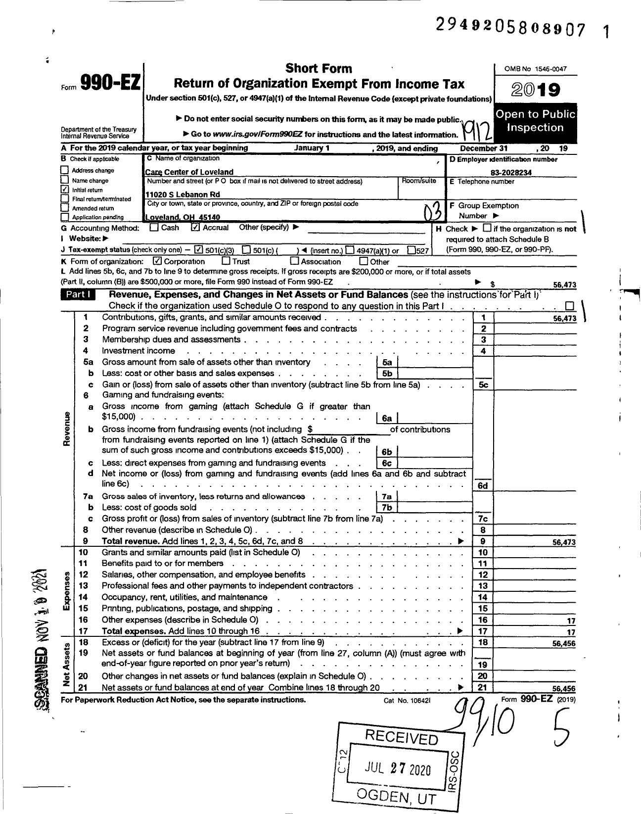 Image of first page of 2019 Form 990EZ for Care Center of Loveland