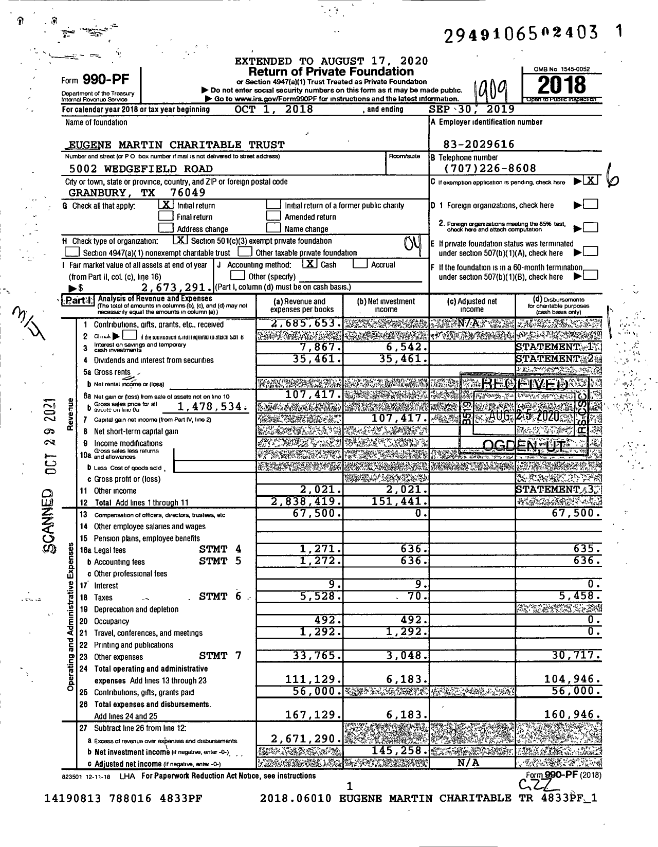 Image of first page of 2018 Form 990PF for Eugene and Dorothy Martin Foundation