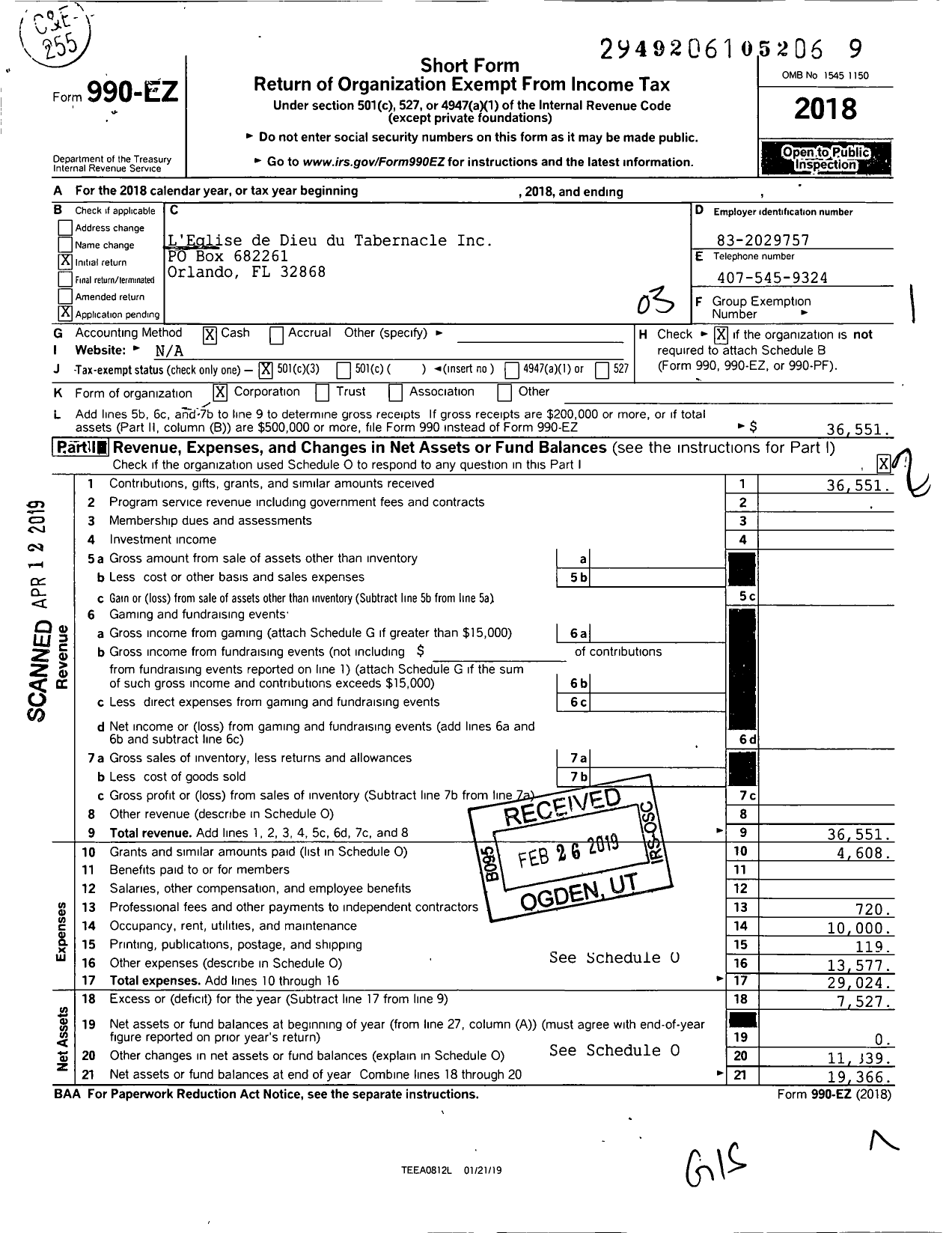 Image of first page of 2018 Form 990EZ for LEglise de Dieu du Tabernacle