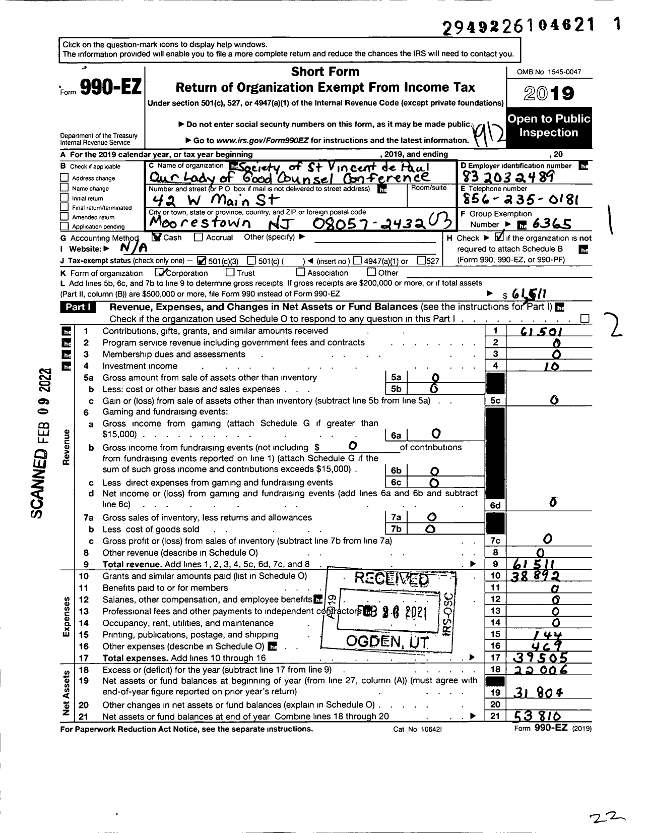 Image of first page of 2019 Form 990EZ for Trenton Diocesan Council St Vincent Depaul Society / Society of St Vincent de Paul Our