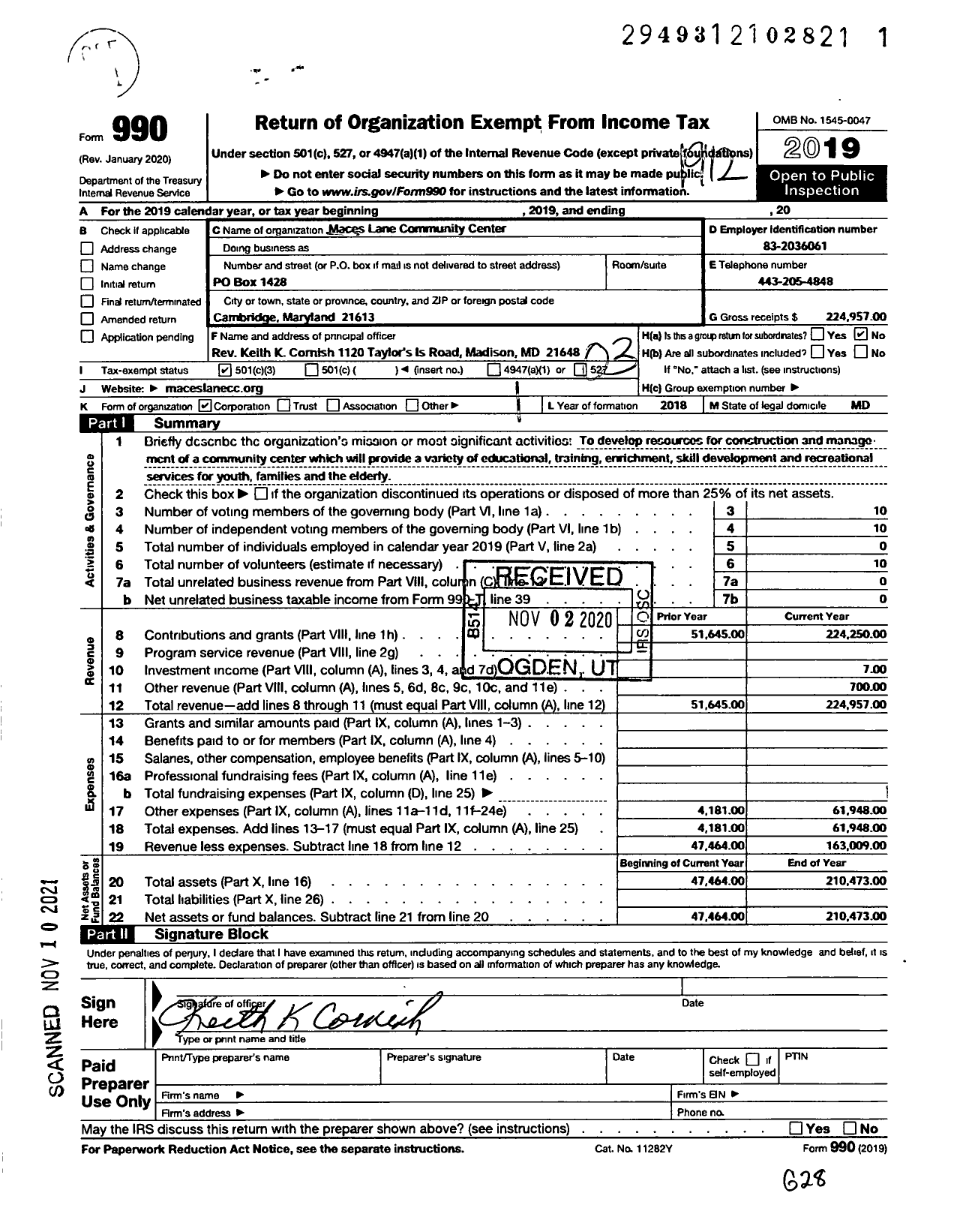 Image of first page of 2019 Form 990 for Mace's Lane Community Center