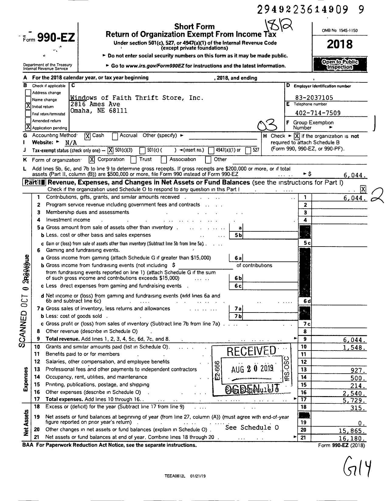 Image of first page of 2018 Form 990EZ for Windows of Faith Thrift Store