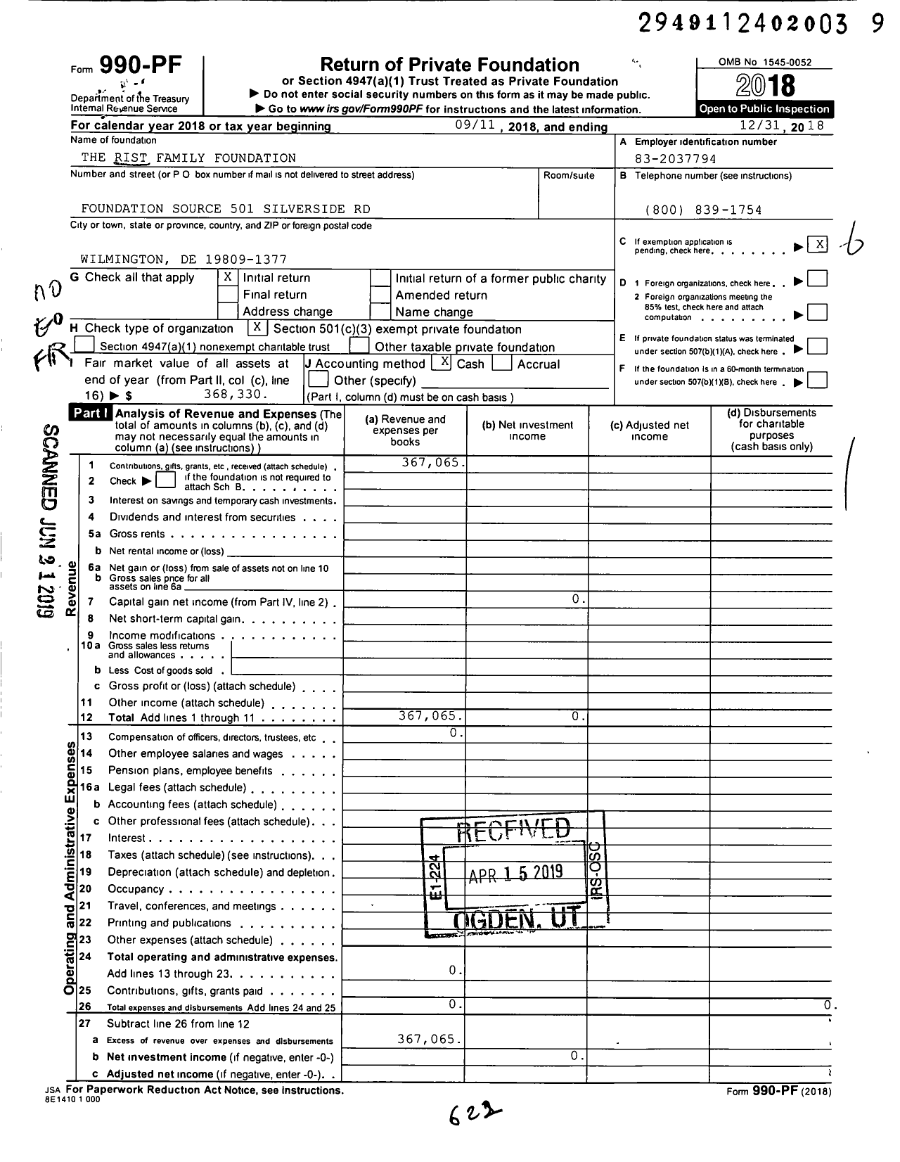 Image of first page of 2018 Form 990PF for The Rist Family Foundation