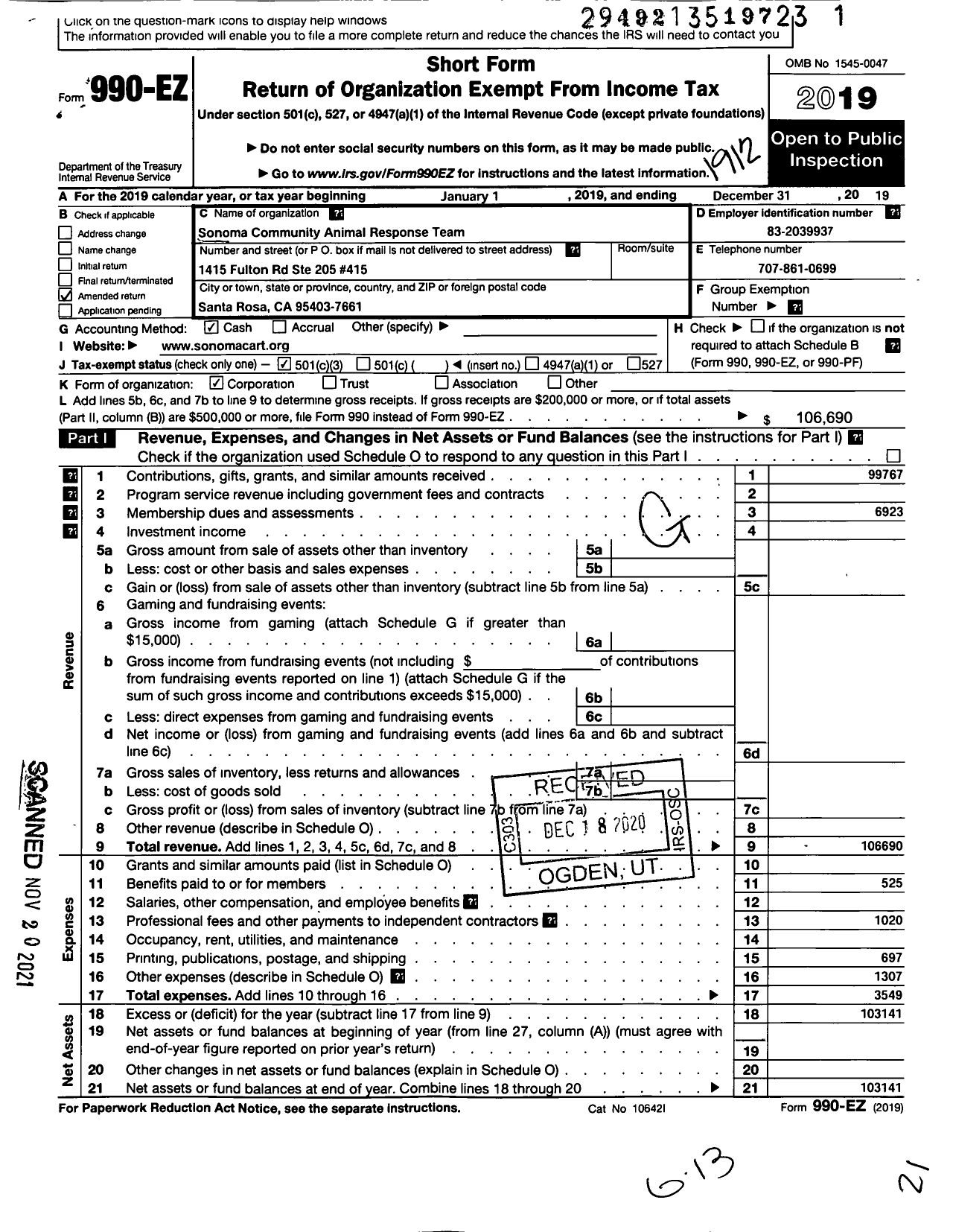 Image of first page of 2019 Form 990EZ for Sonoma Community Animal Response Team