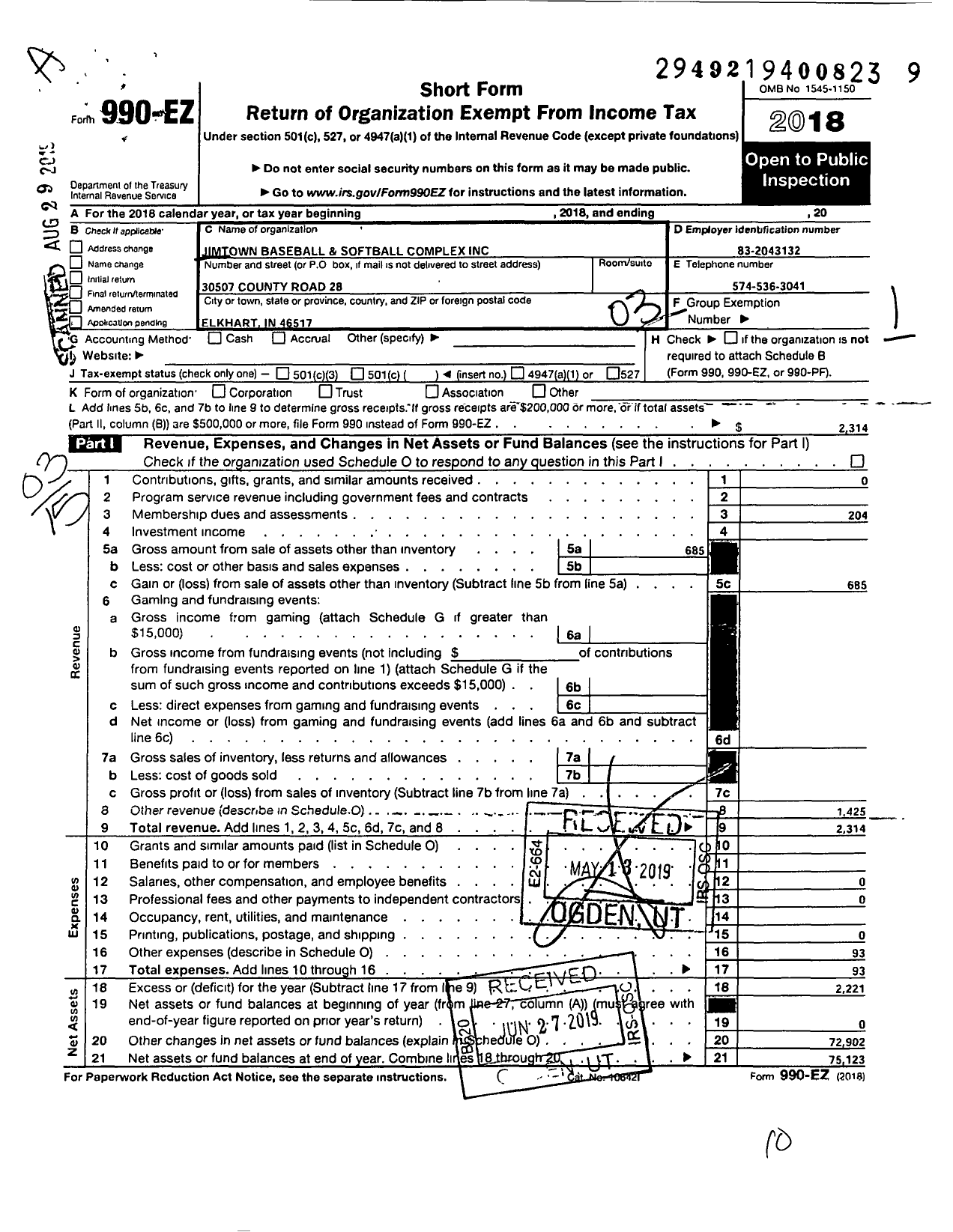 Image of first page of 2018 Form 990EZ for Jimtown Baseball and Softball Complex