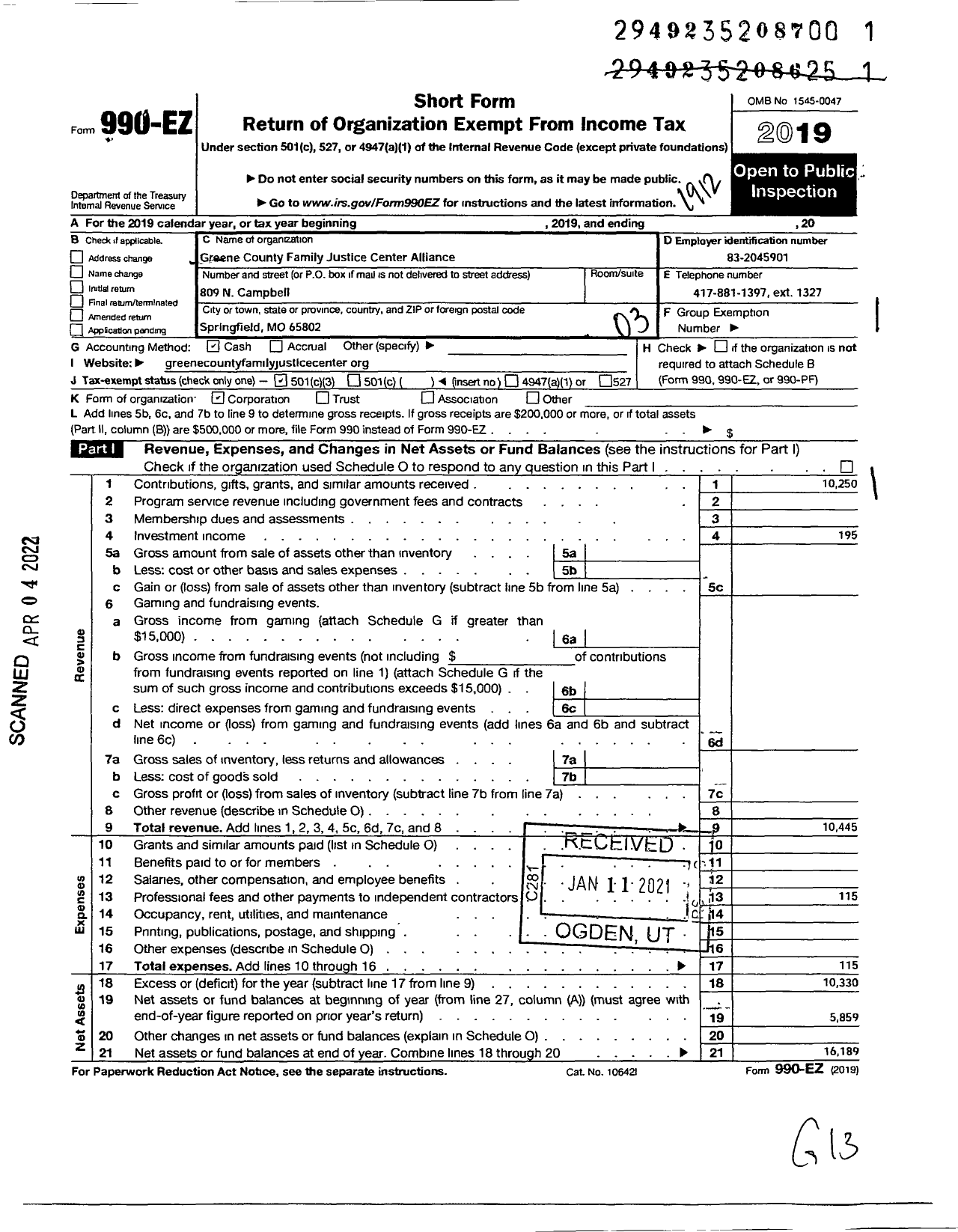 Image of first page of 2019 Form 990EZ for Greene County Family Justice Center Alliance