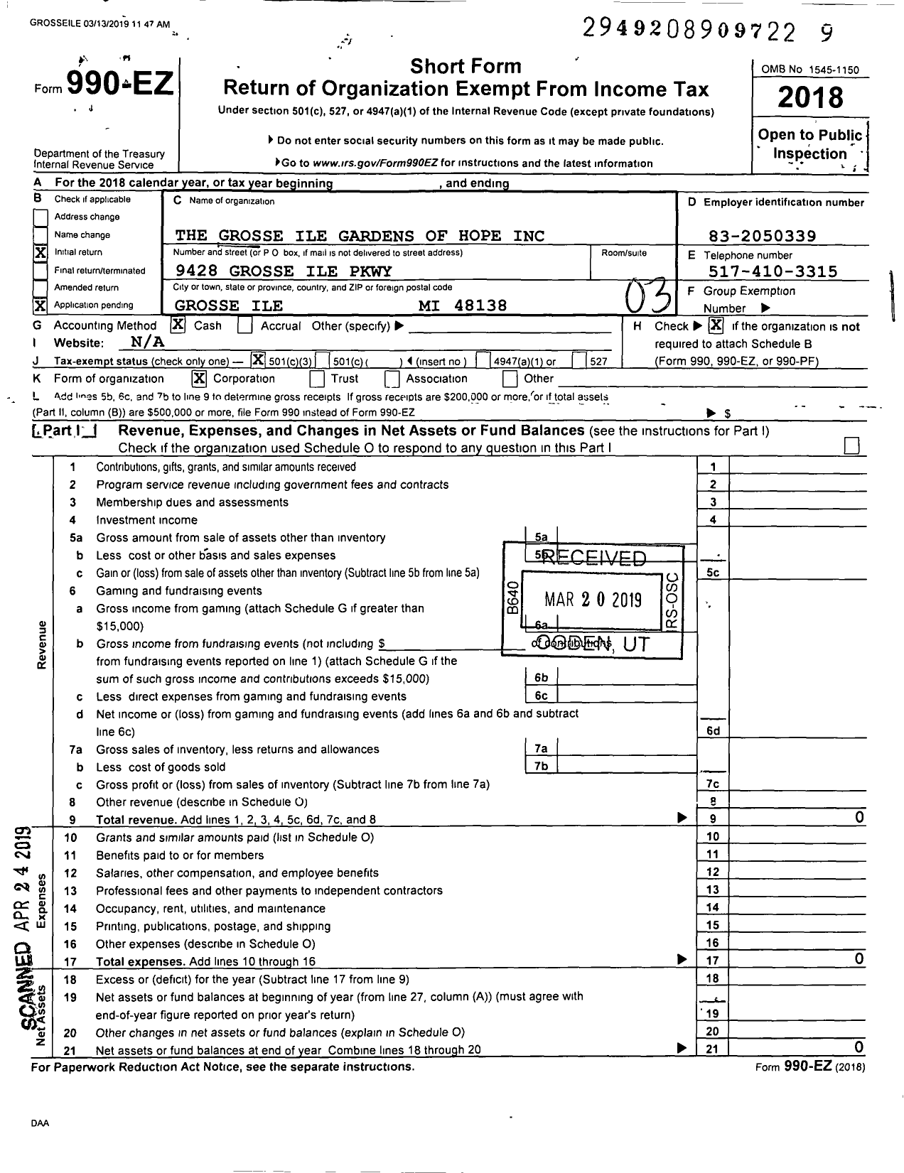 Image of first page of 2018 Form 990EZ for The Grosse Ile Gardens of Hope