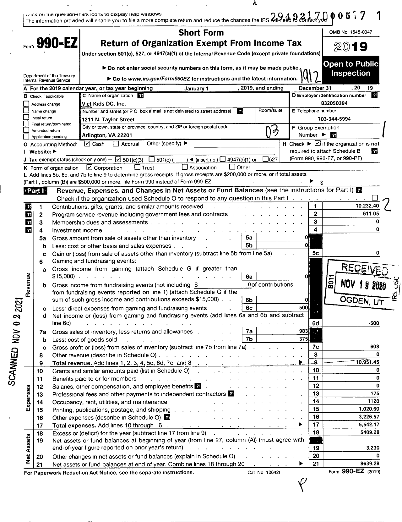 Image of first page of 2019 Form 990EZ for Viet Kids DC