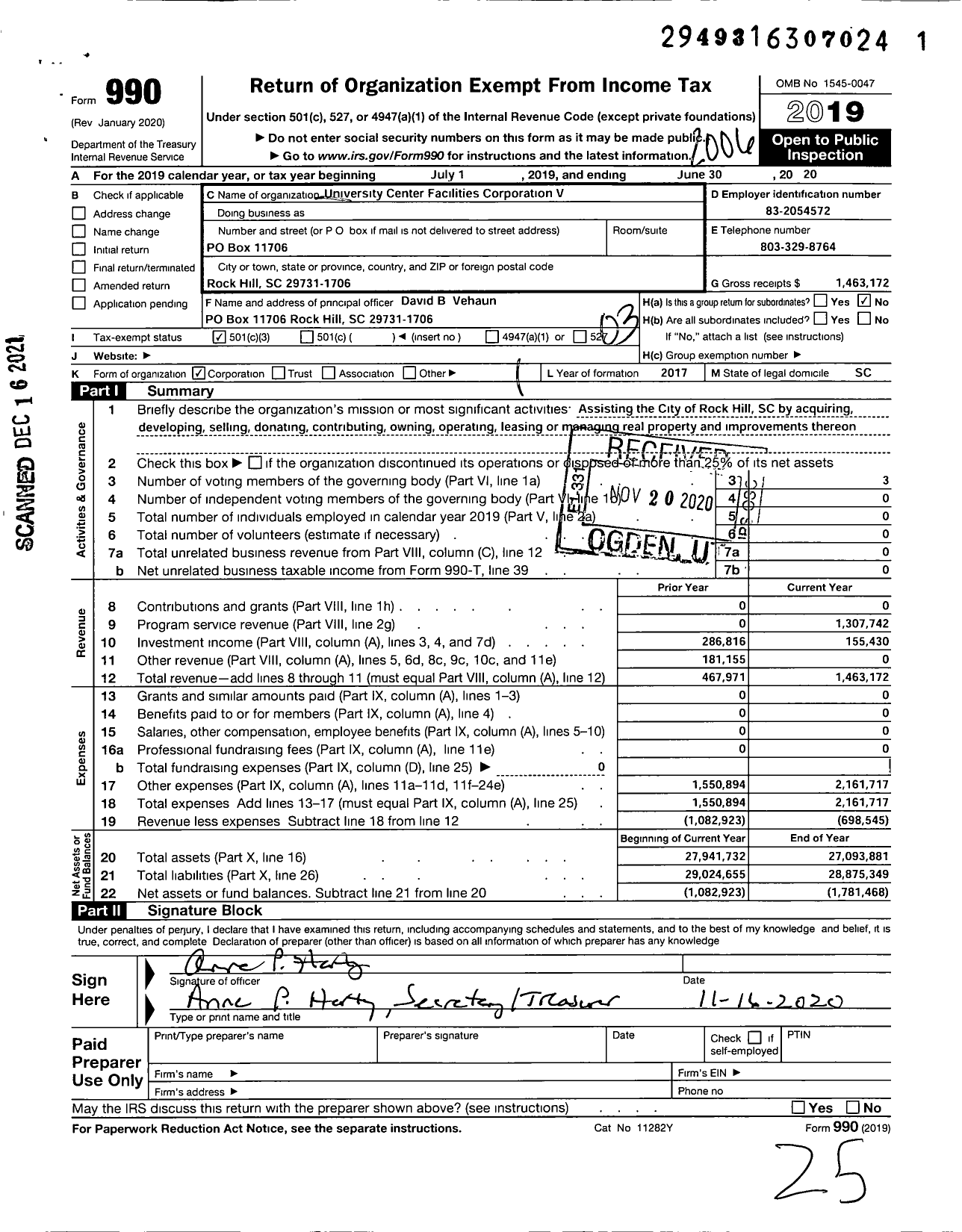 Image of first page of 2019 Form 990 for University Center Facilities Corporation V