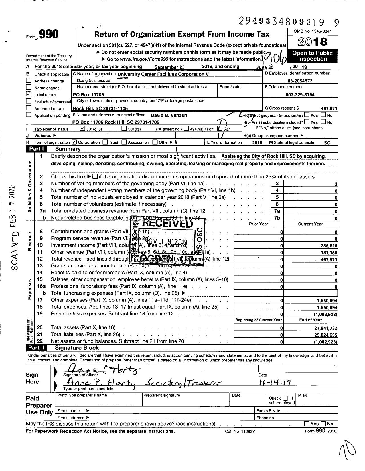 Image of first page of 2018 Form 990 for University Center Facilities Corporation V