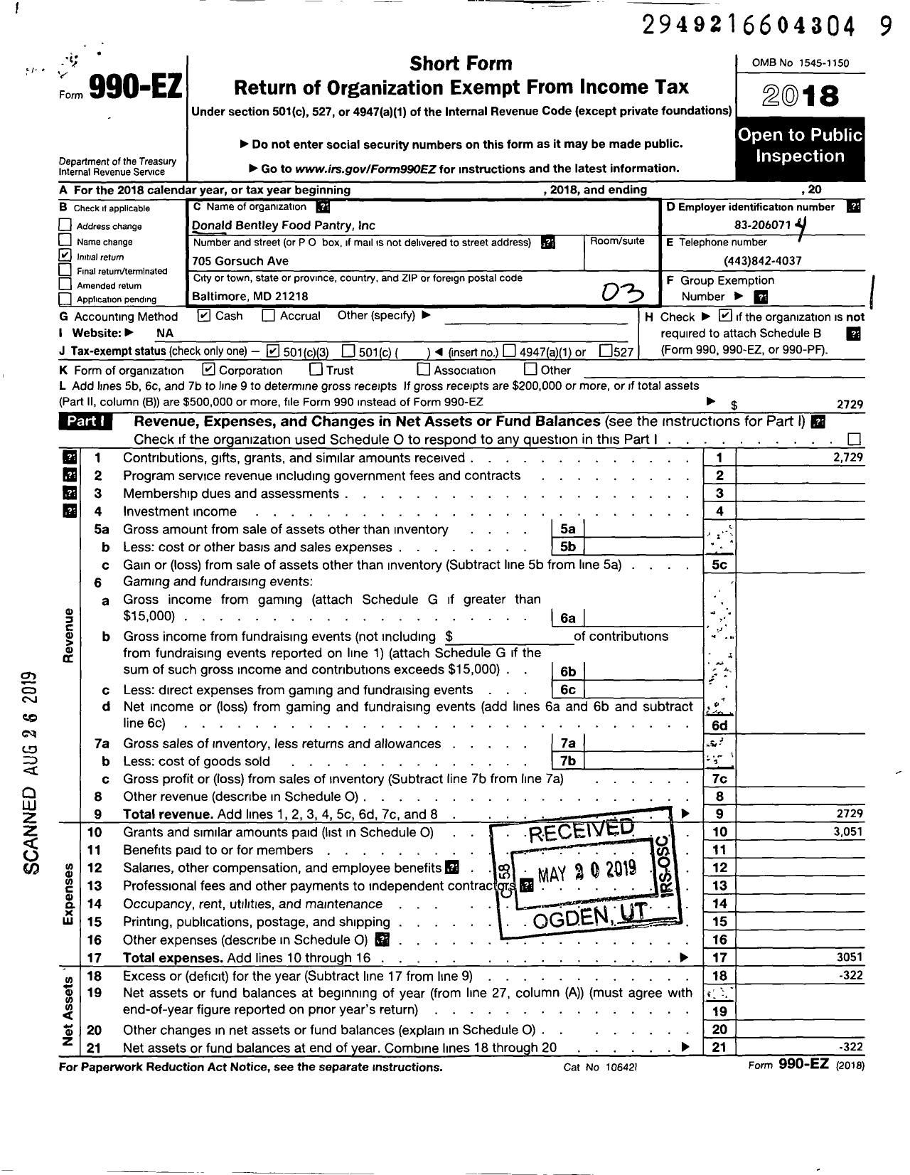 Image of first page of 2018 Form 990EZ for Donald Bentley Food Pantry