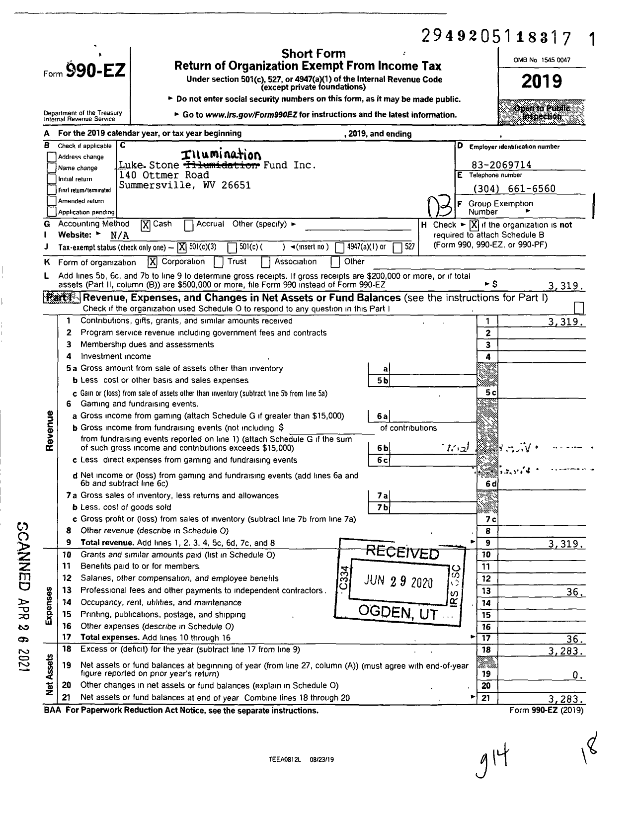 Image of first page of 2019 Form 990EZ for Luke Stone Illumination Fund