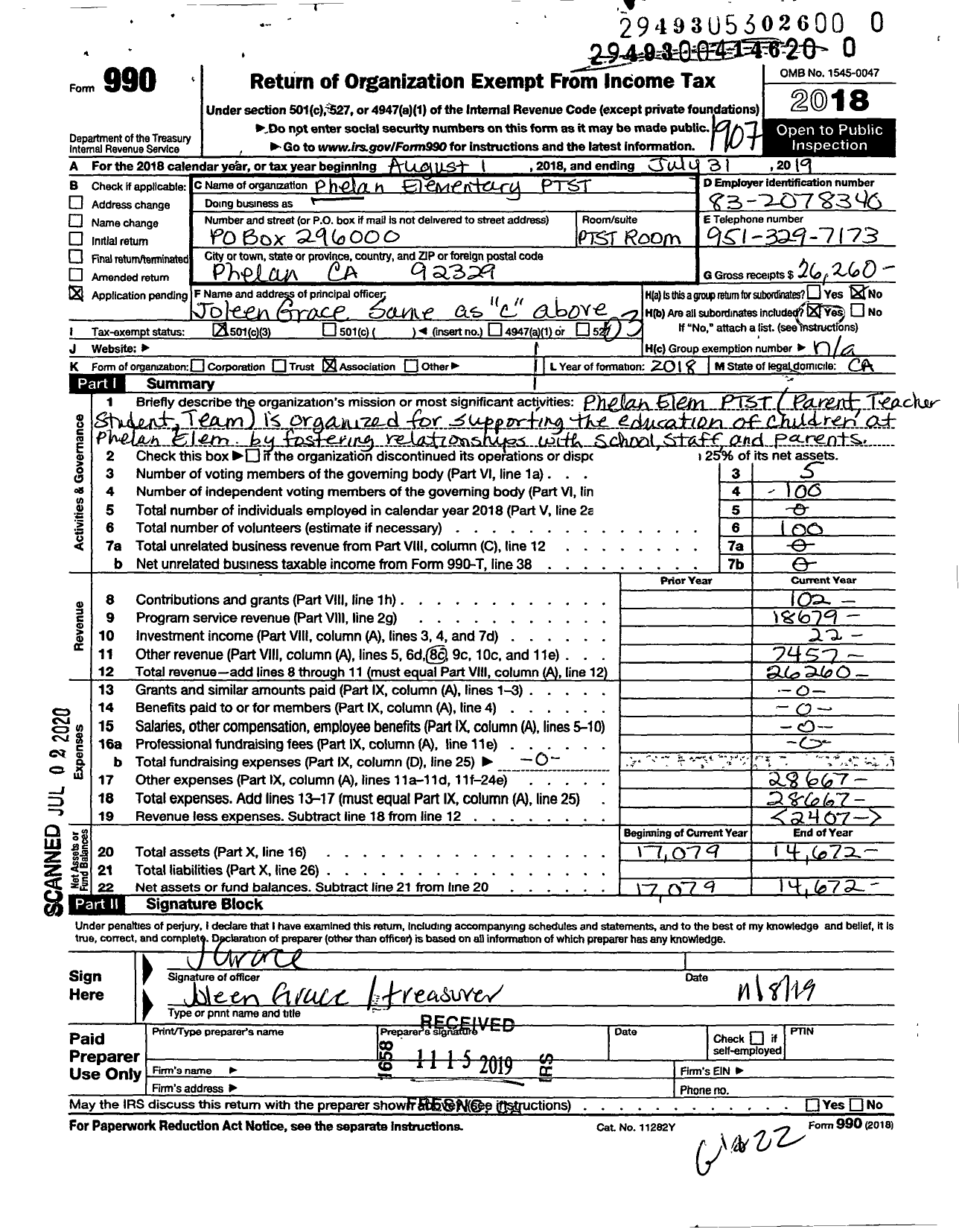 Image of first page of 2018 Form 990 for Phelan Elementary School Ptsa