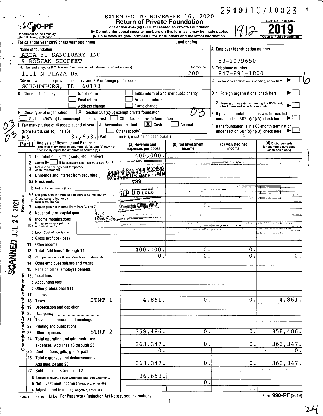 Image of first page of 2019 Form 990PF for Area 51 Sanctuary