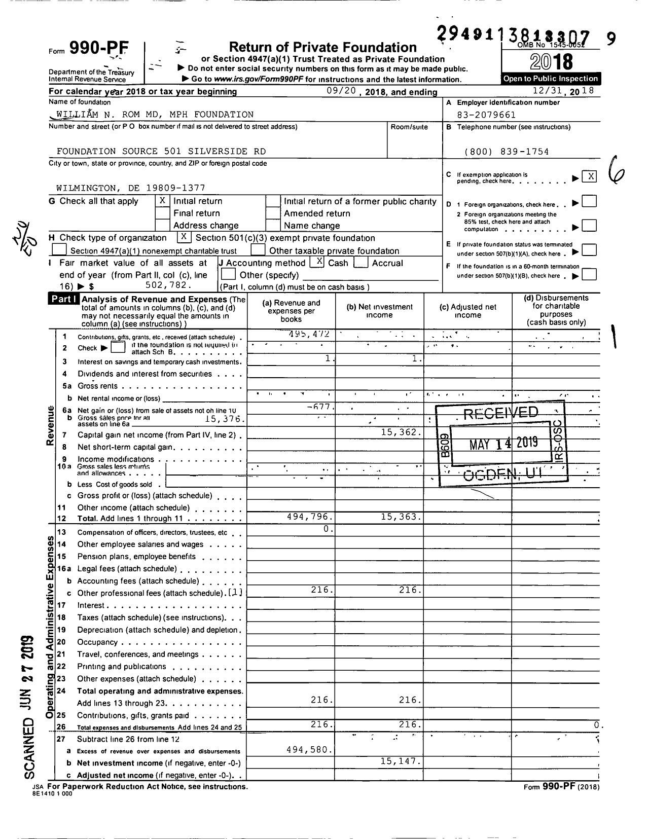 Image of first page of 2018 Form 990PF for William N Rom MD MPH Foundation