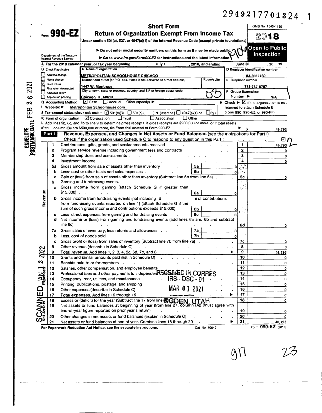 Image of first page of 2018 Form 990EZ for Metropolitan Schoolhouse Chicago