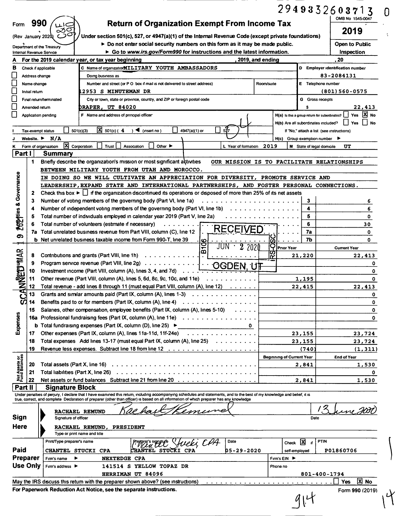 Image of first page of 2019 Form 990O for Military Youth Ambassadors