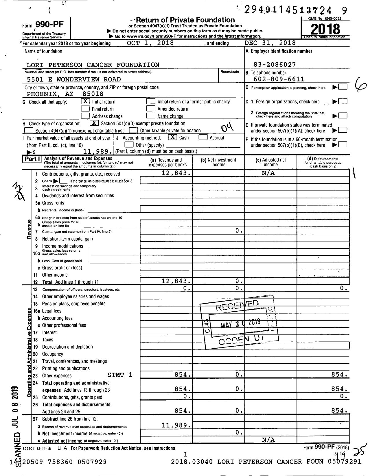 Image of first page of 2018 Form 990PF for Lori Peterson Cancer Foundation