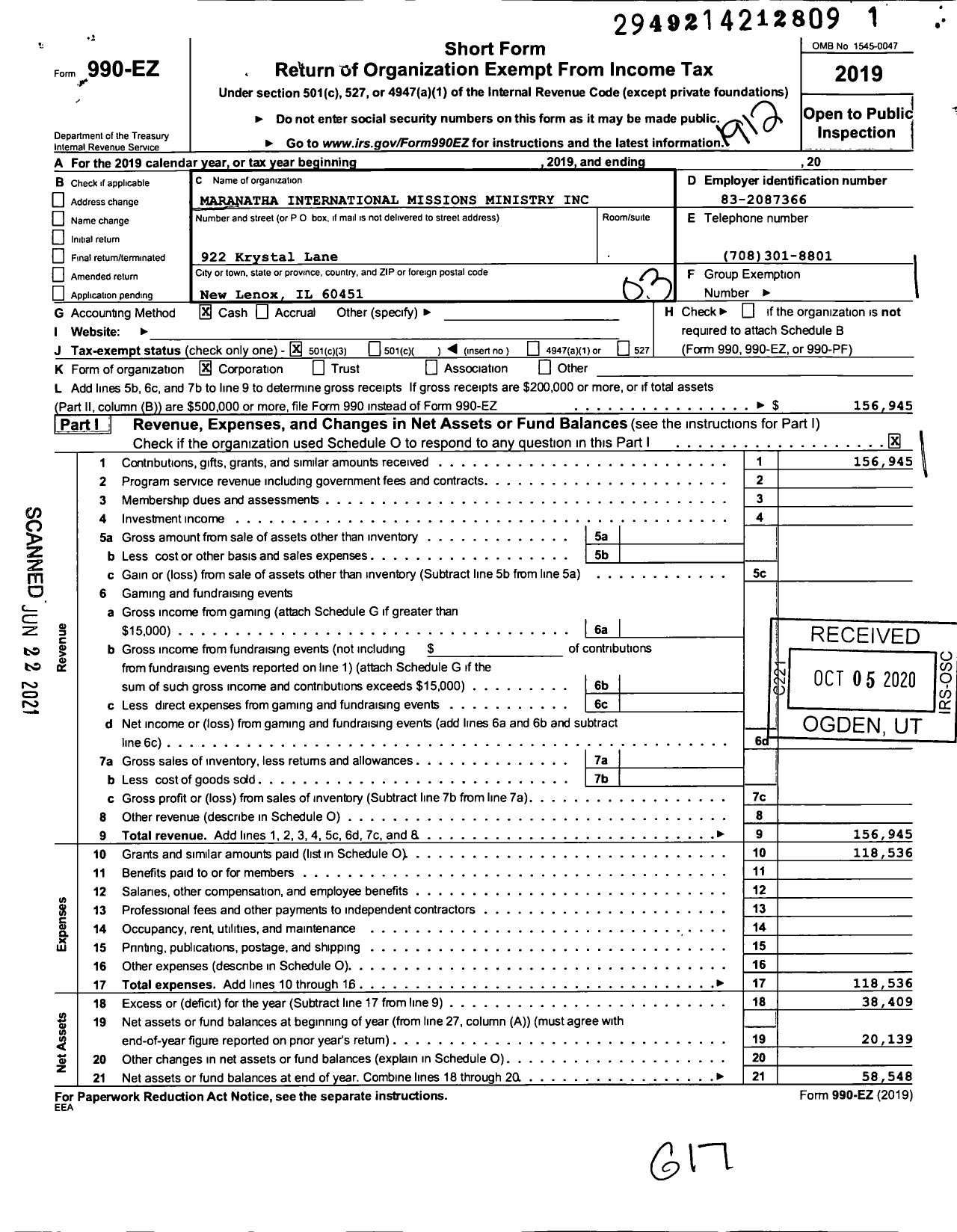 Image of first page of 2019 Form 990EZ for Maranatha International Missions Ministry