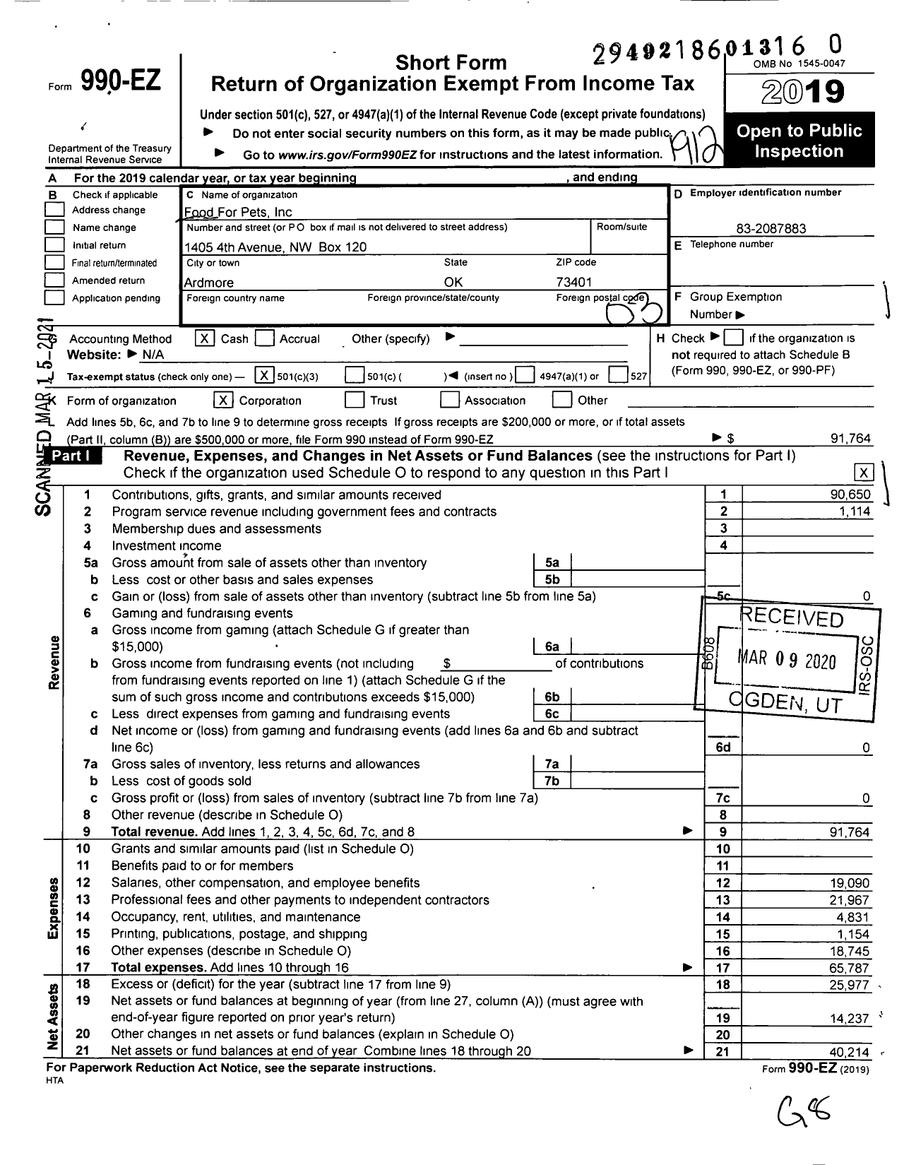 Image of first page of 2019 Form 990EZ for Food for Pets