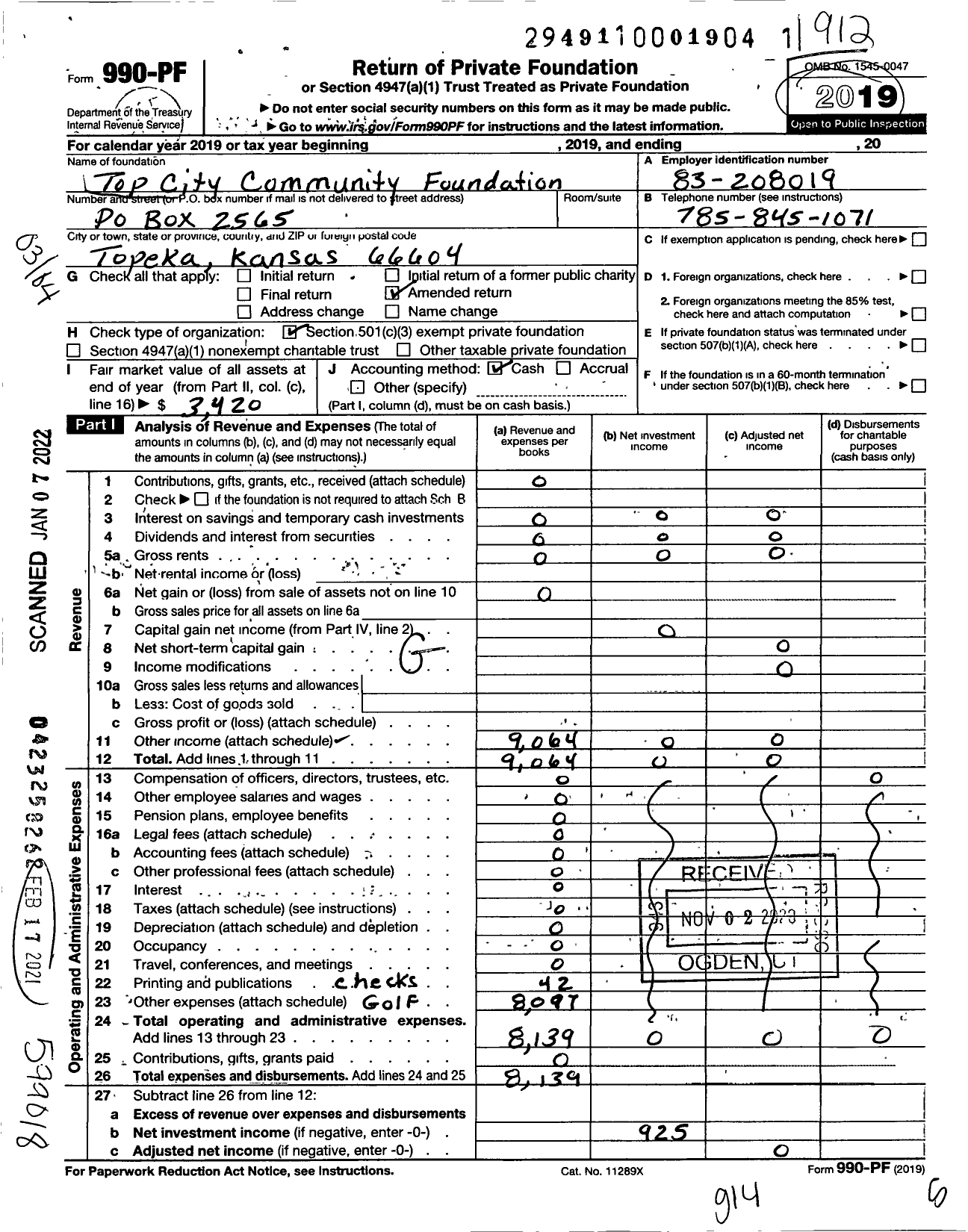 Image of first page of 2019 Form 990PF for Top City Copmmunity Foundation