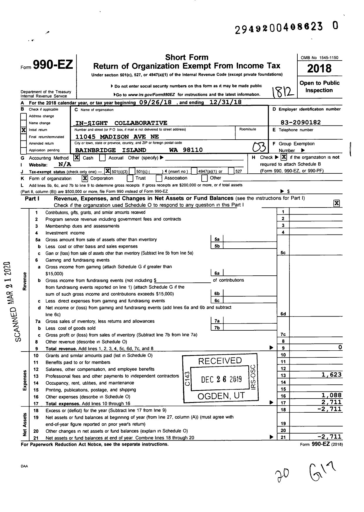 Image of first page of 2018 Form 990EZ for In-Sight Collaborative