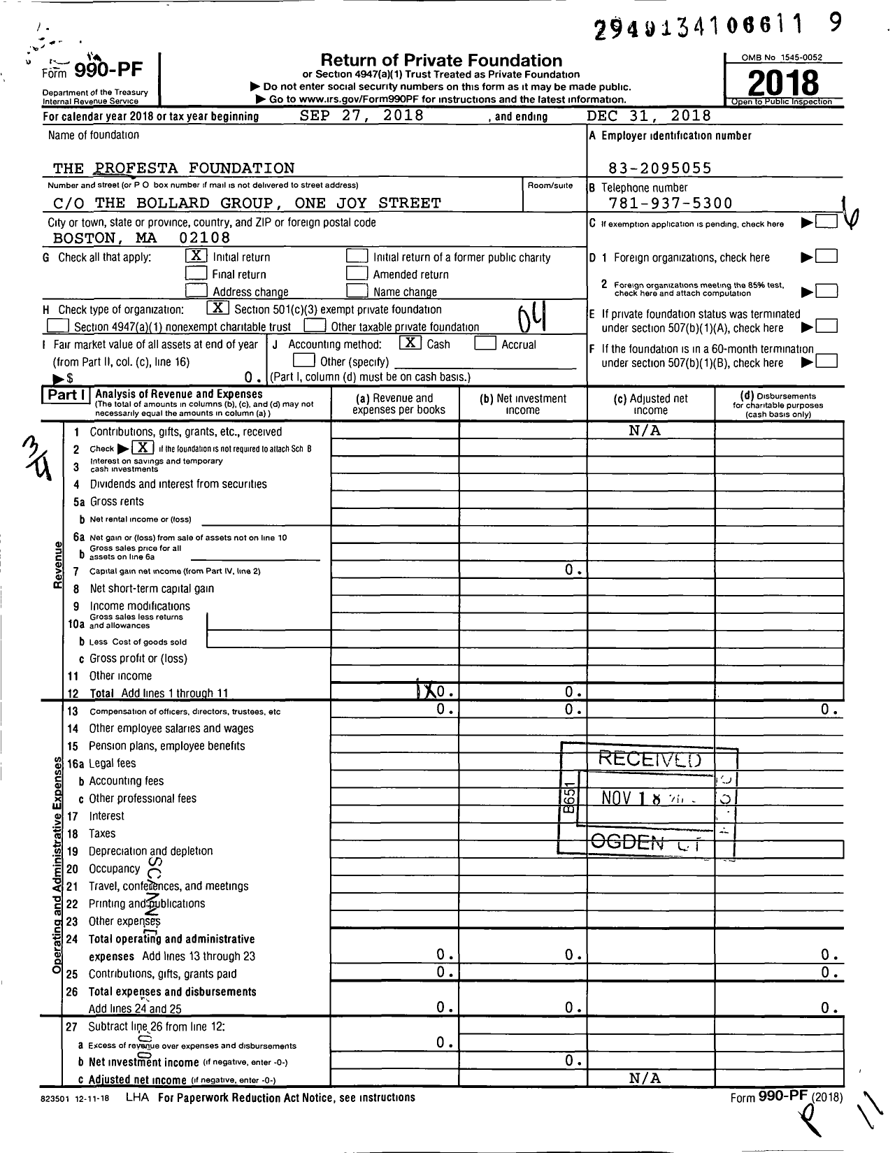 Image of first page of 2018 Form 990PF for The Profesta Foundation