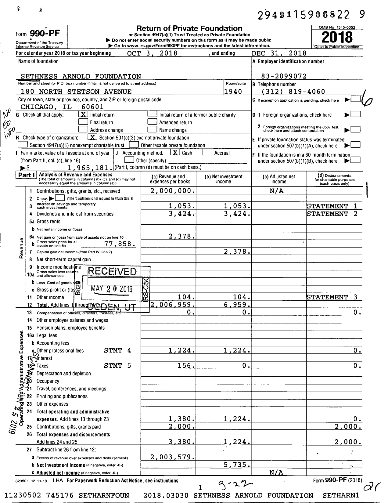 Image of first page of 2018 Form 990PF for Sethness Arnold Foundation