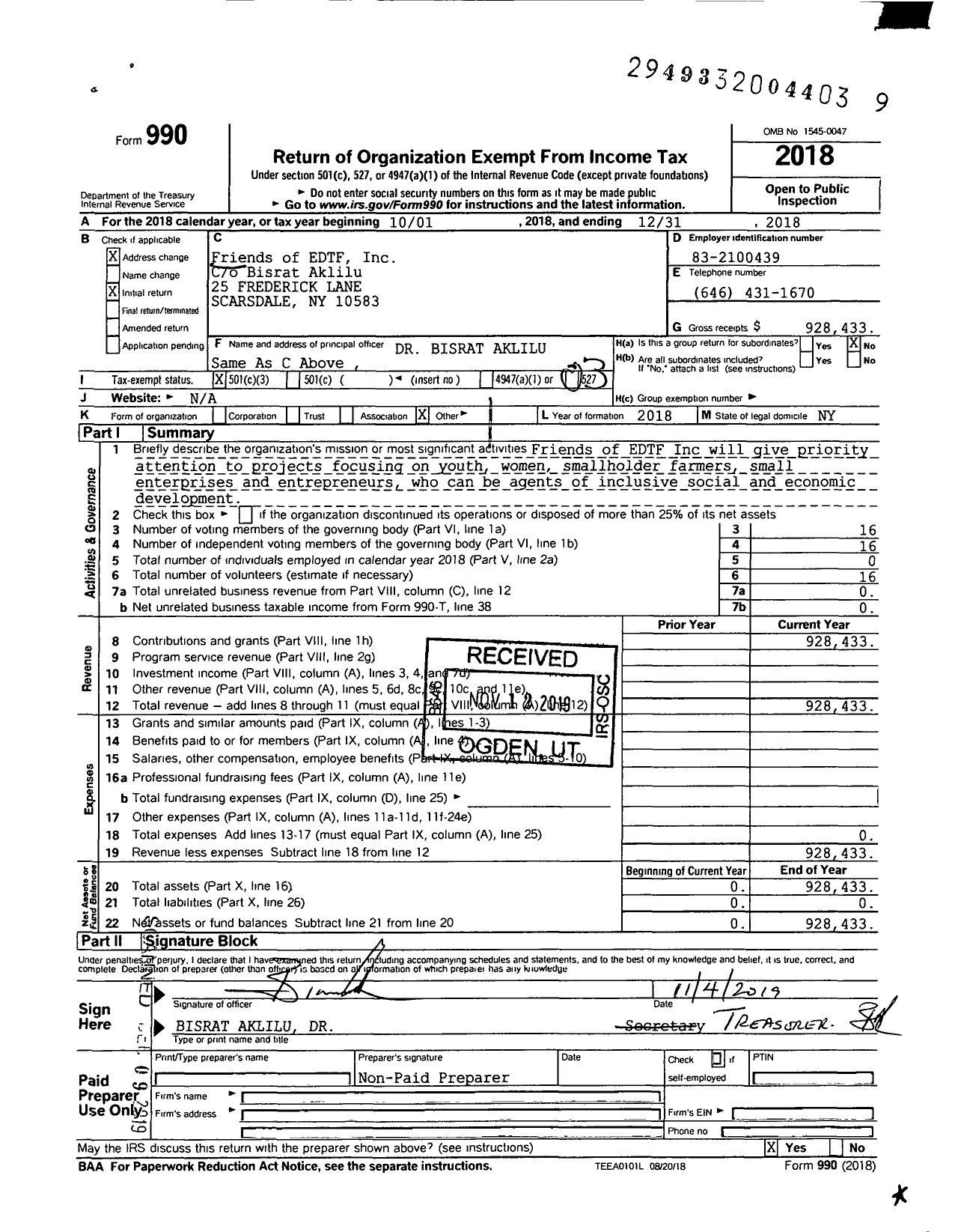 Image of first page of 2018 Form 990 for Friends of EDTF
