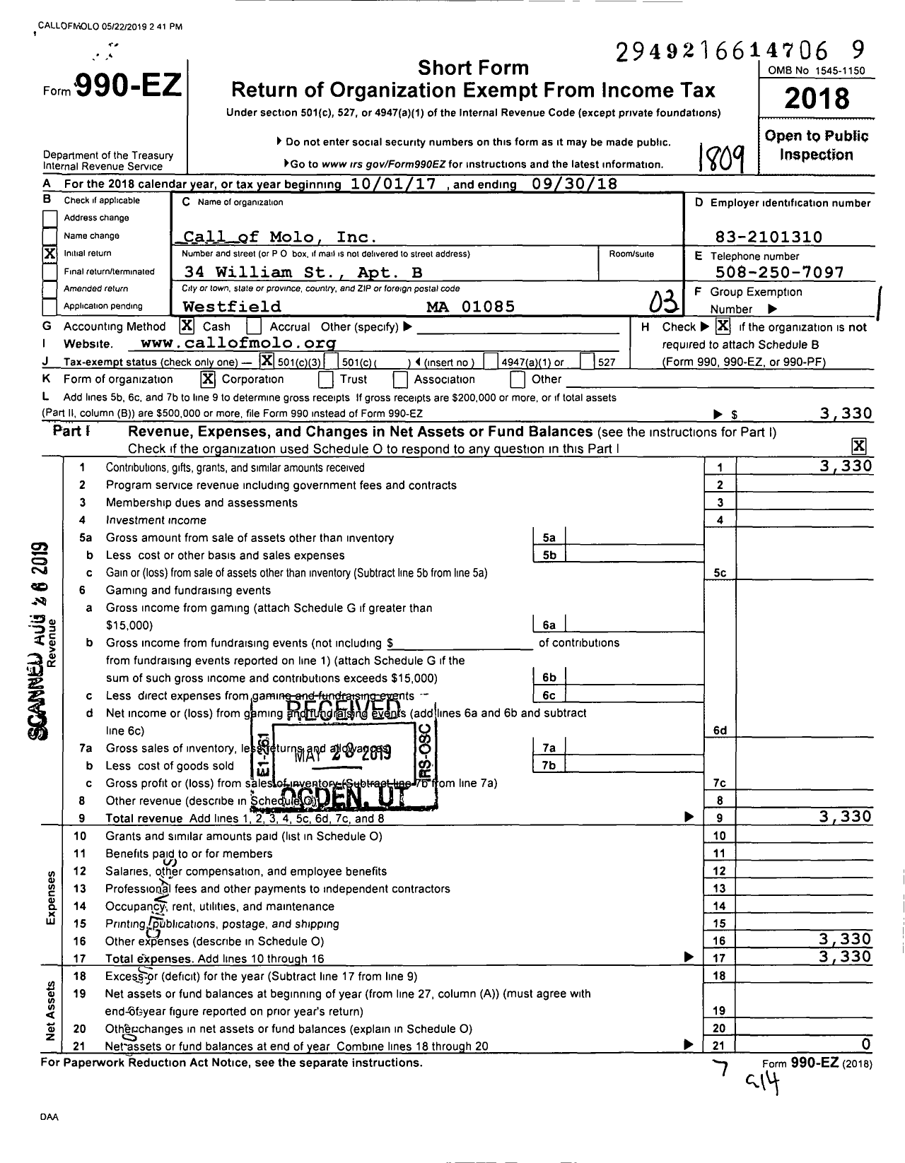 Image of first page of 2017 Form 990EZ for Call of Molo