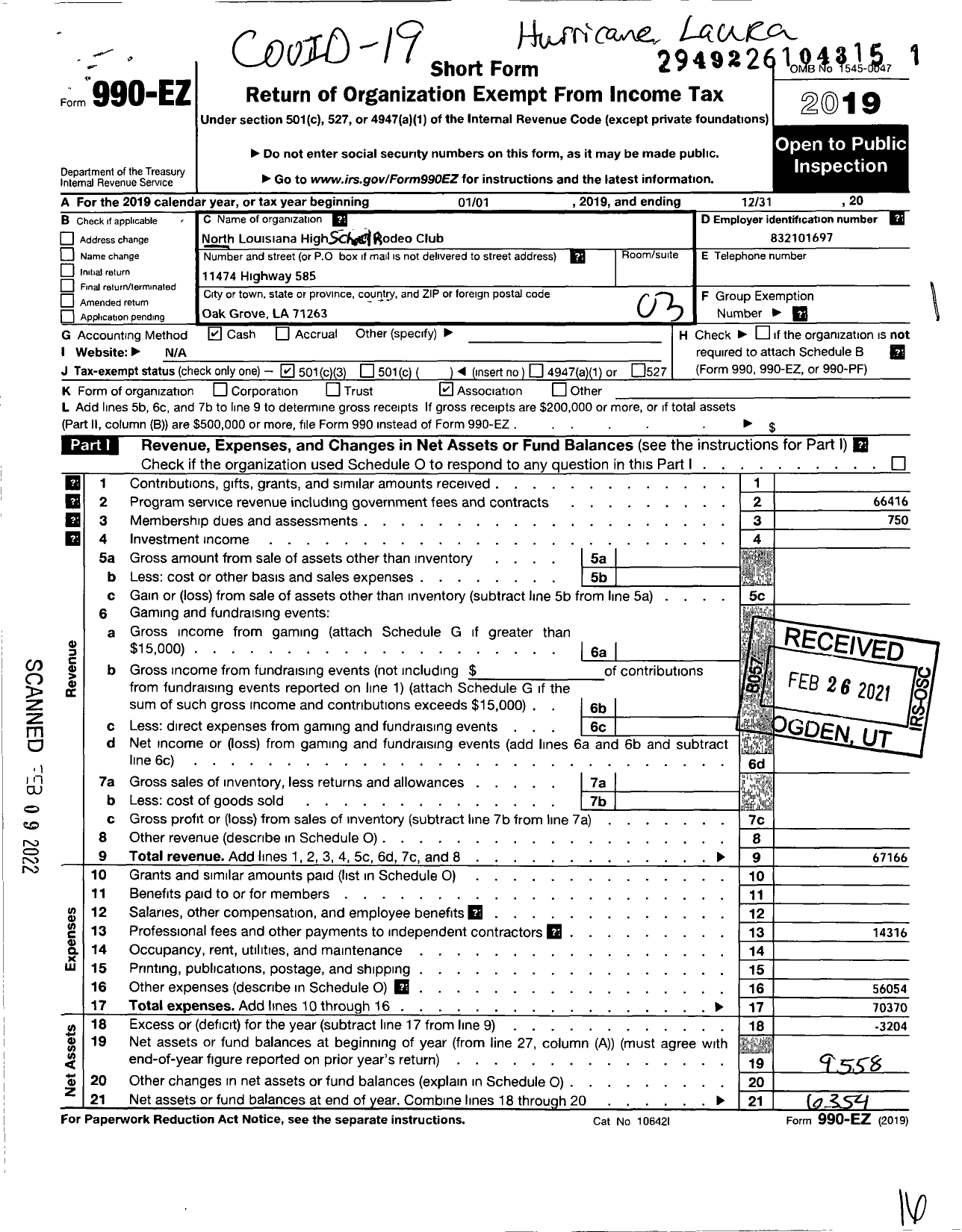 Image of first page of 2019 Form 990EZ for North Louisiana High School Rodeo Club